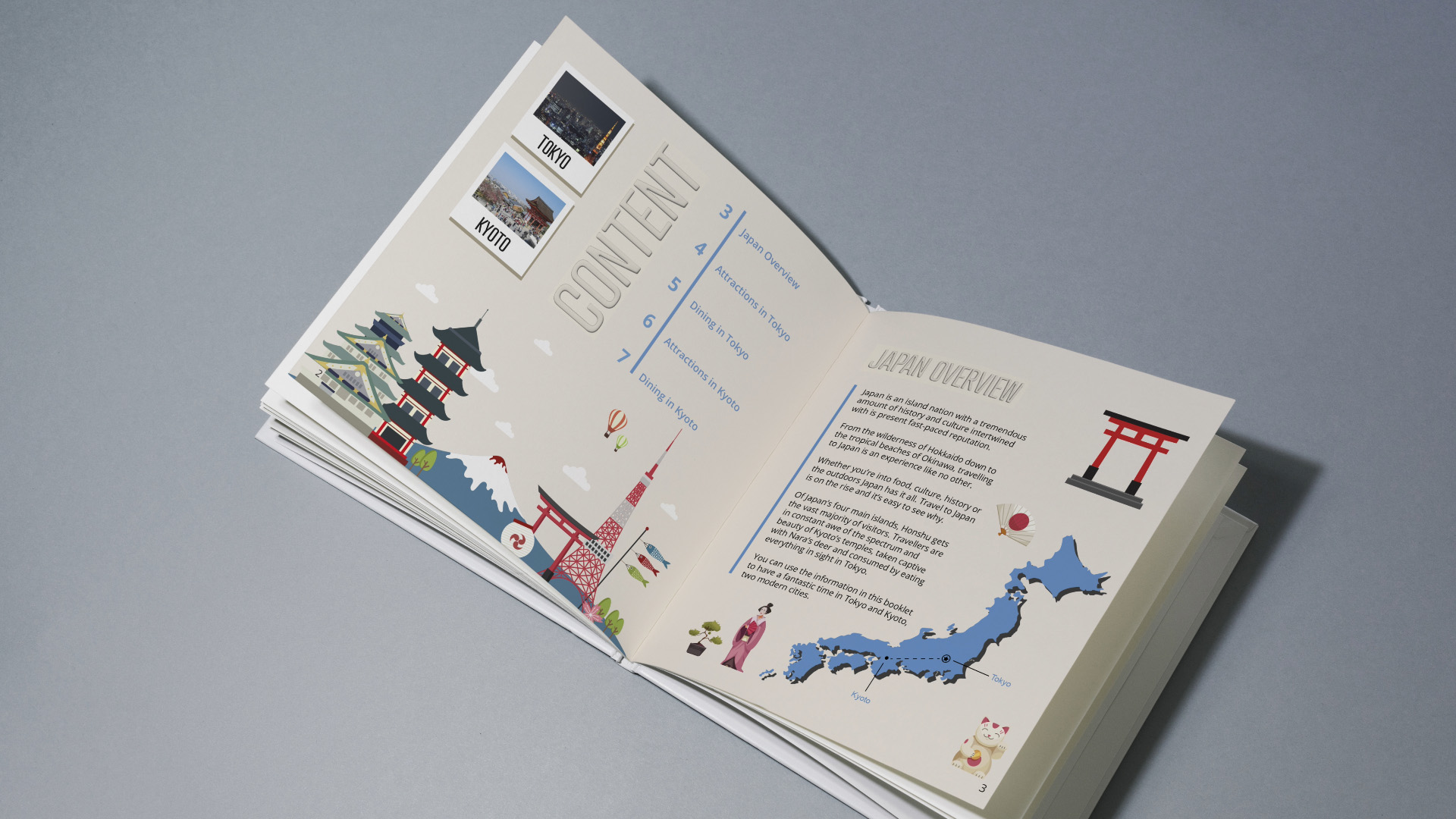 "Japan Mini Travel Guide," booklet / "Japan Mini Travel Guide," booklet, 8 x 8 inches booklet print, 2022. This booklet introduce visitor to Japan to some highlight that Japan has to offer when they visit.
