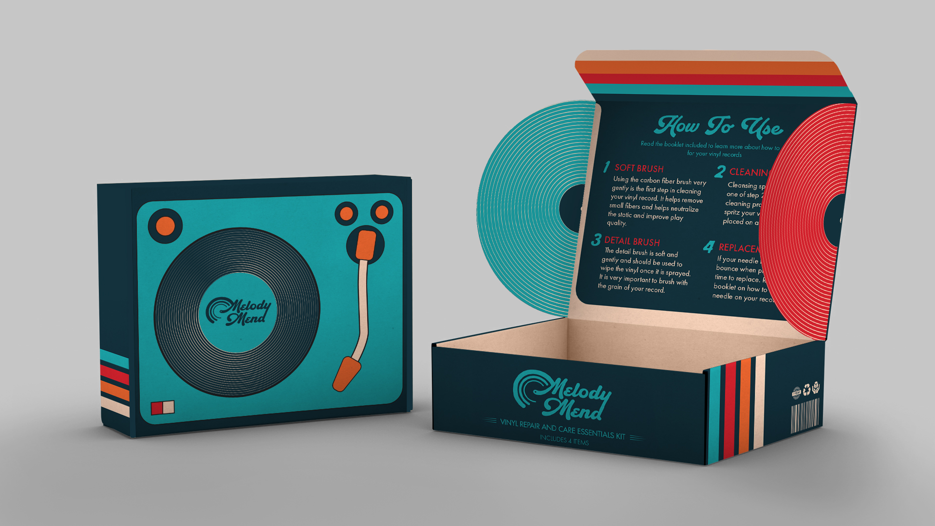 "Melody Mend Record Cleaning Kit Packaging," / "Melody Mend Record Cleaning Kit Packaging," box, 5 x 4 x 2 inch printed and folded, 2023. This playful box is designed for 4 individual tools that record players' needs for upkeep maintenance. 