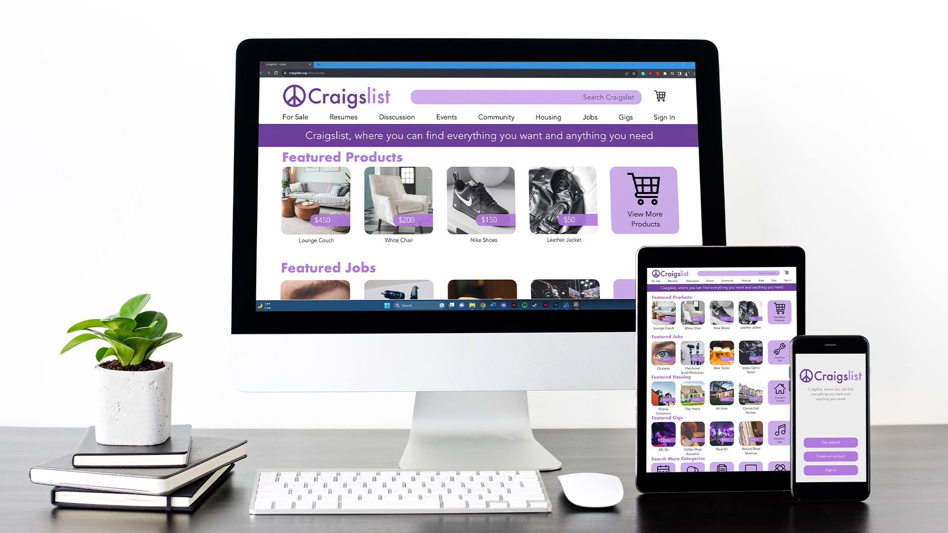 "Craigslist Website Redesign,"  / "Craigslist Website Redesign," digital devices, design for computer, tablet, and mobile device sizes, 2021. This is a webpage redesign for the existing online "Craigslist‚"marketplace. It creates a more unified and cohesive layout that is less distracting
