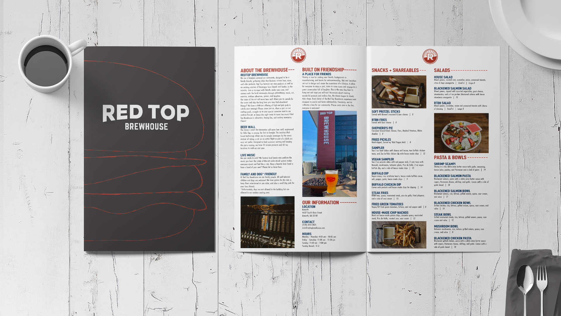 "Red Top Brewhouse Menu Redesign," / "Red Top Brewhouse Menu Redesign," printed menu, 11 x 17 inch printed, 2022. A redesign for the menu of a local brewhouse in Acworth, GA.  