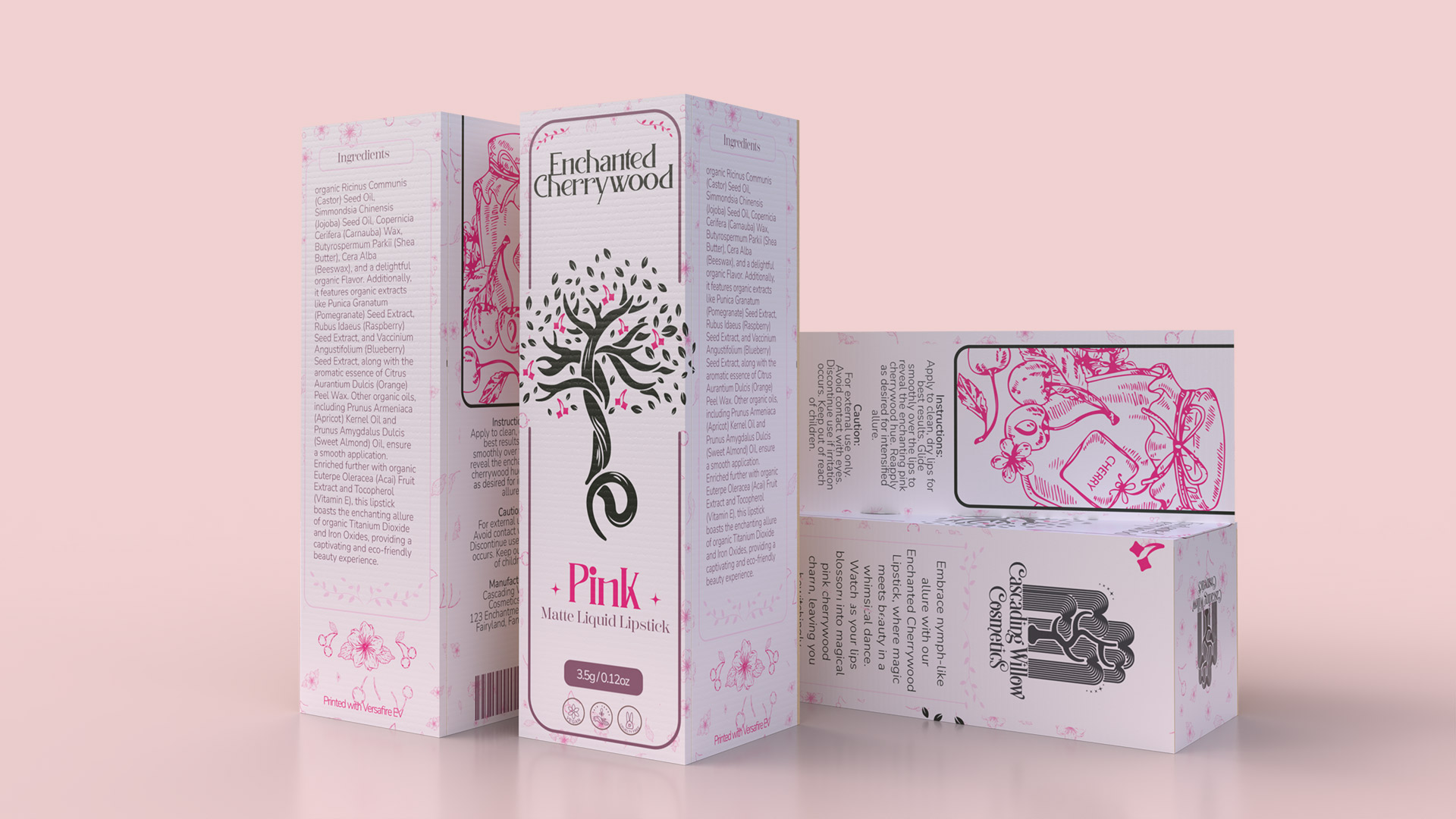 Enchanted Cherrywood Makeup box / Enchanted Cherrywood Makeup box:  5 x 1.6 inches, Packaging design, 2023, Packaging design for a Liquid lipstick called Enchanted Cherrywood for a company called Cascading willow cosmetics. Inspiration came from the love fantasy and fairies.