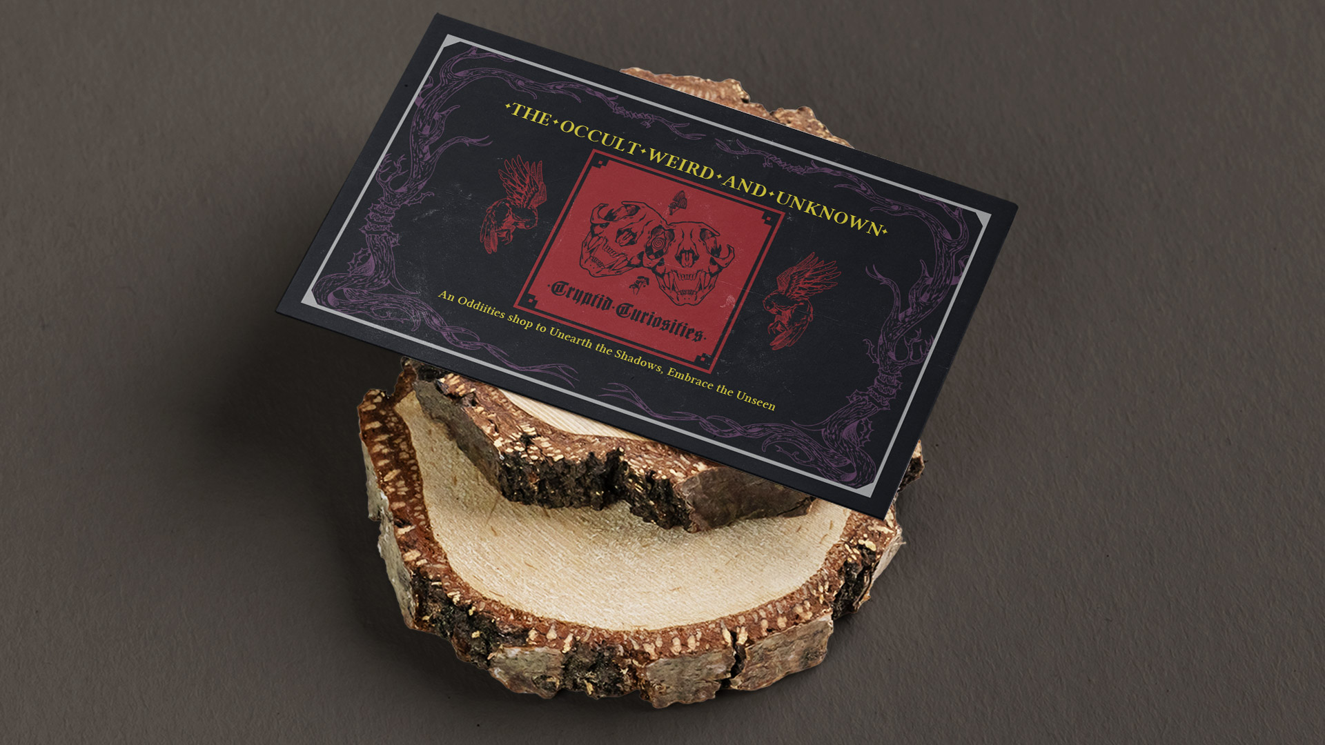 Cryptid Curiosity Business card / Cryptid Curiosity Business card: 3.5 x 2 inches, Business card design, 2023. Business card design for Cryptic Curiosities and Oddities Company that focuses on the creepy and macabre. Brand inspiration came from a love for the occult and horror.