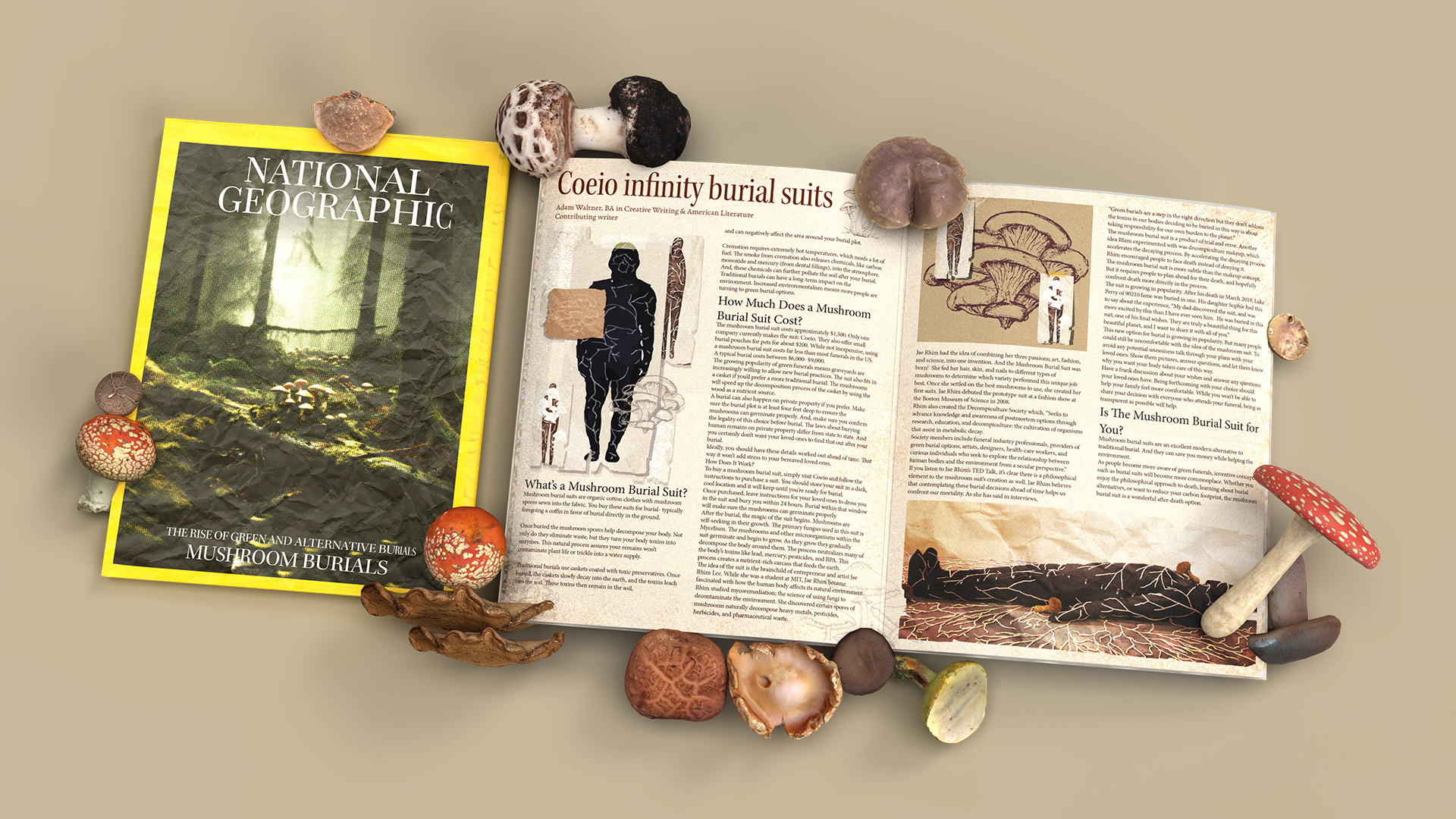 Coeio, Infinity Burial / Coeio, Infinity Burial: 11x17 inches, Magazine spread design, 2022, 2 page spread design for a mushroom burial service. Coeio was a company that offered an Alternative burial service that used mushrooms to break down bodies.
