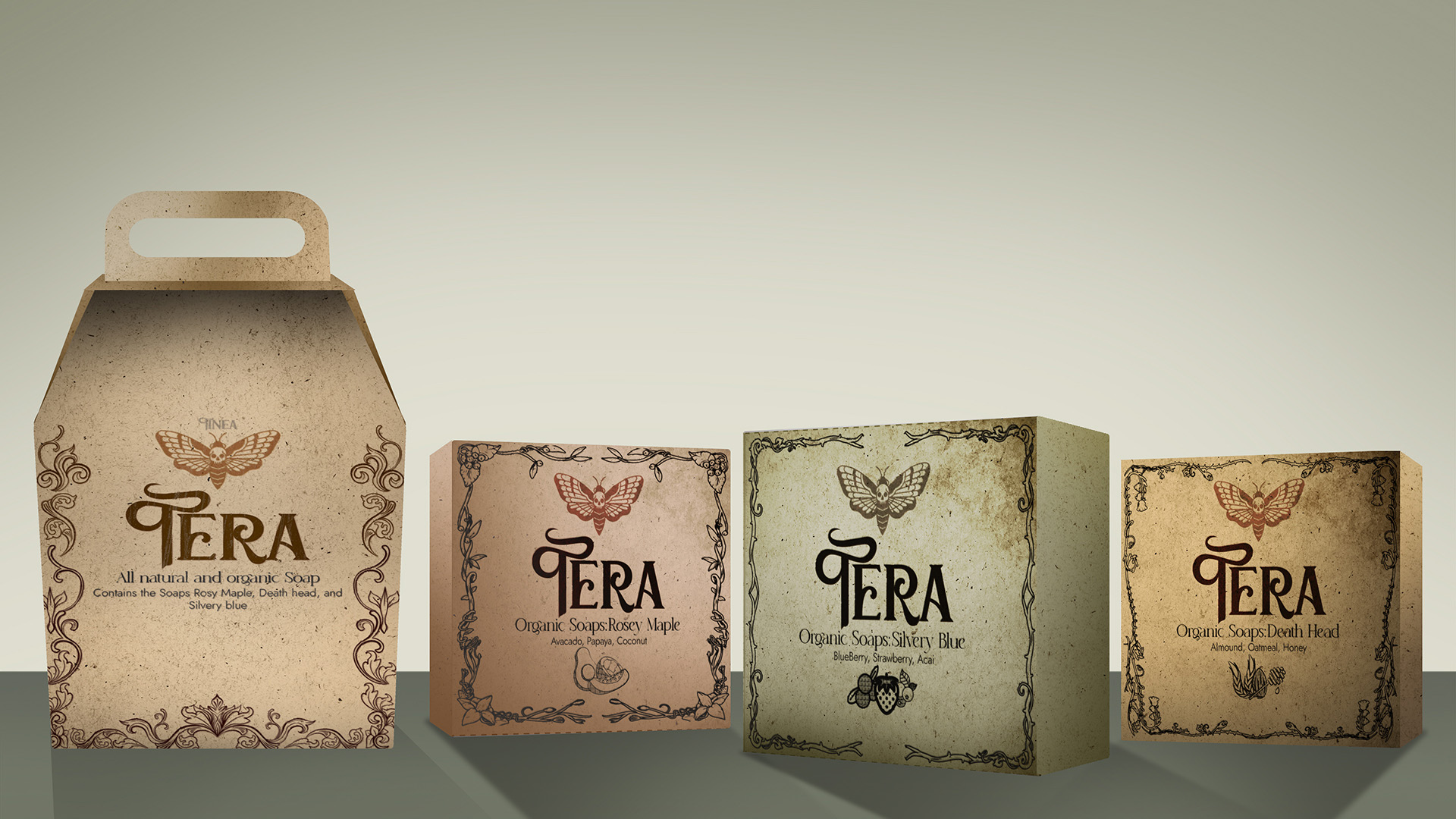 Tera Soap boxes / Tera Soap boxes:  5 x 3 inches & 3 x 1.5 inches, Packaging design, 2023, A packaging design for a soap with the theme of moths incorporated into the logo and over all design. Sustainability and education is a big part of the design.