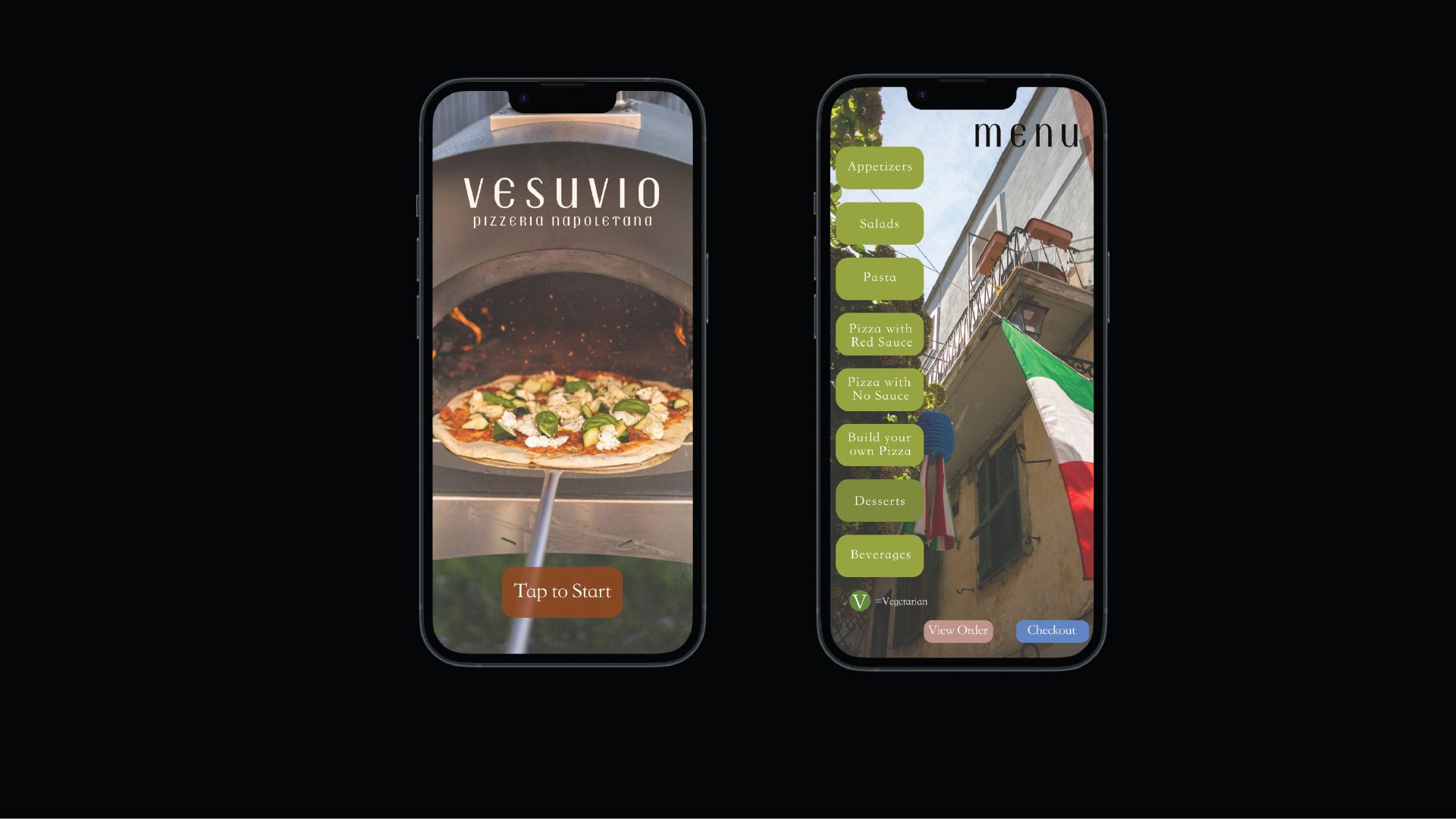 Vesuvio / "Vesuvio," a restaurant ordering app, designed for iPhone, 2023. This app allows customers to order authentic Italian-style pizza from the comfort of their own homes. 