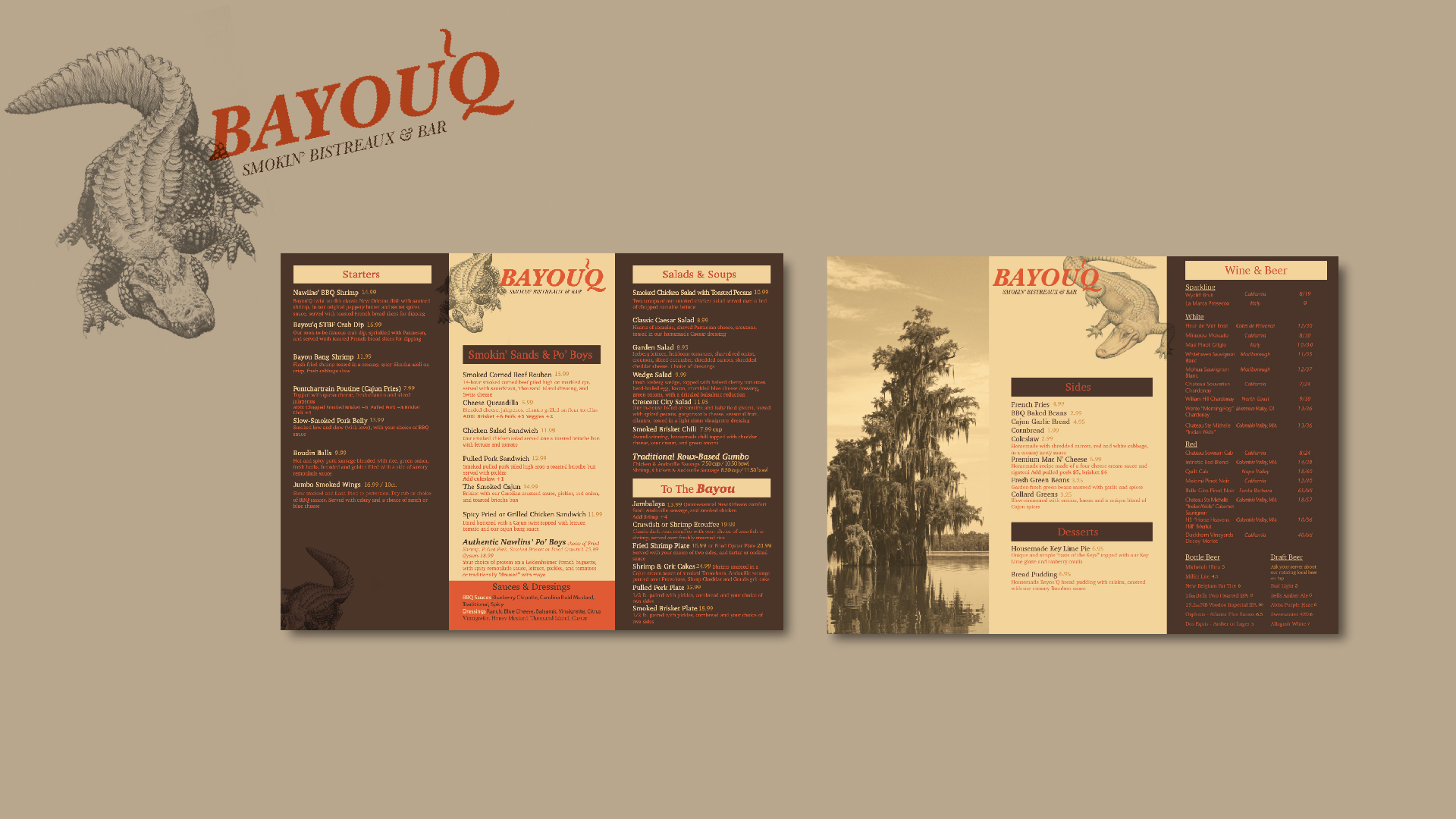 "Bayou," menu redesign / "Bayou," menu redesign, 17 x 11 inches, 2022. This menu redesign gives a warm welcome to the New Orleans cuisine that Bayou‚ offers. 