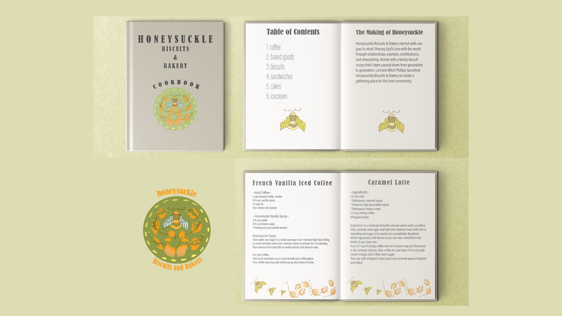 Honeysuckle Cookbook / "Honeysuckle Cookbook," cafe recipes, 8.5 x 11 inches, 2023. This cookbook allows customers to make their favorite treats at home. 