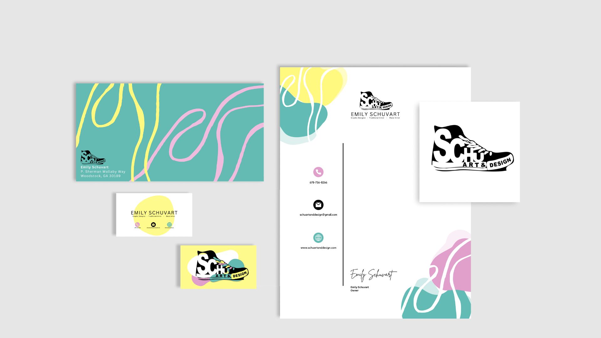 "Schu Brand Collateral" Branding Package / "Schu Brand Collateral" Branding Package, 1080x1920 px PNG, 2023. This is my letter-head, logo, business card, and envelope. I want it to be fun, playful and representative of my work.
