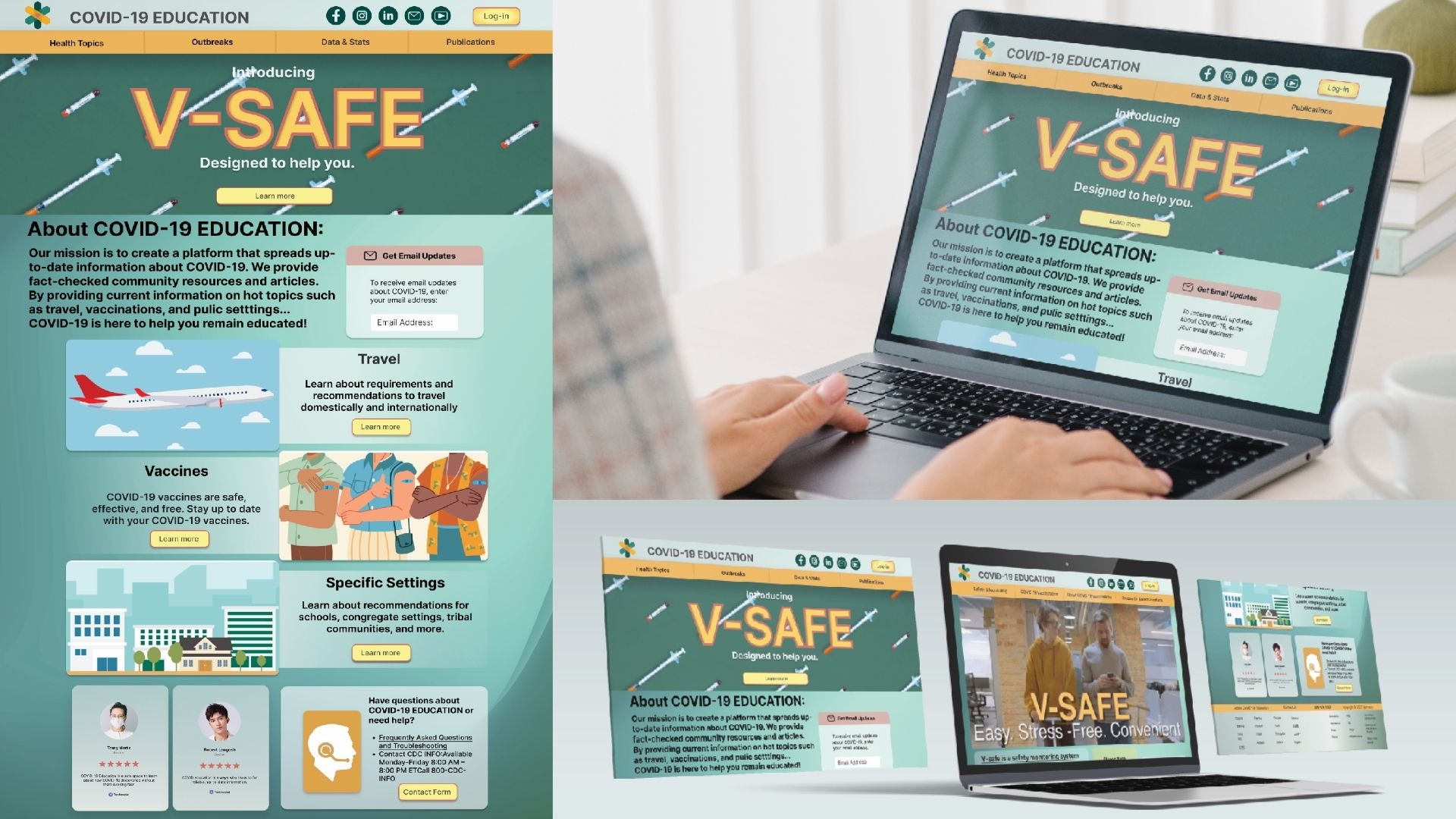 "Website Design, V-Safe" / "Website Design, V-Safe," website design, 1080x1920 px, 2022. This website is trendy, modern website for COVID-19 education.