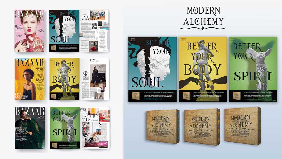 Modern Alchemy Soap Branding / Soap Ad 8.5 x 11 inches and Soap Boxes 3.5 x 3.5 inches. Modern Alchemy is a made-up soap brand I created. The three soaps all correspond with the mind, body, and soul which are big components in alchemy. 