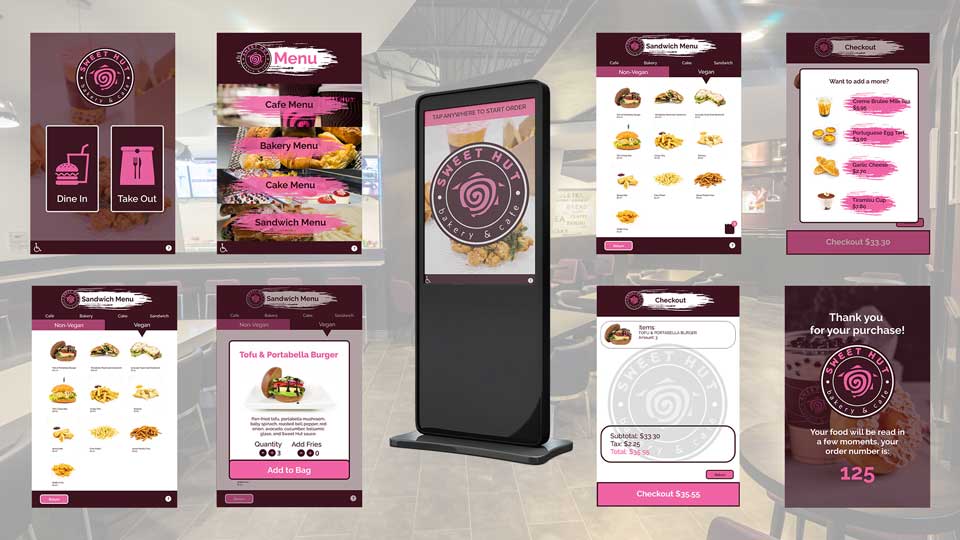 Sweet Hut Kiosk / Kiosk was made for the restaurant Sweet Hut since they do not currently have a kiosk. This kiosk is currently displaying what it would look like going through their sandwich menu and ordering.