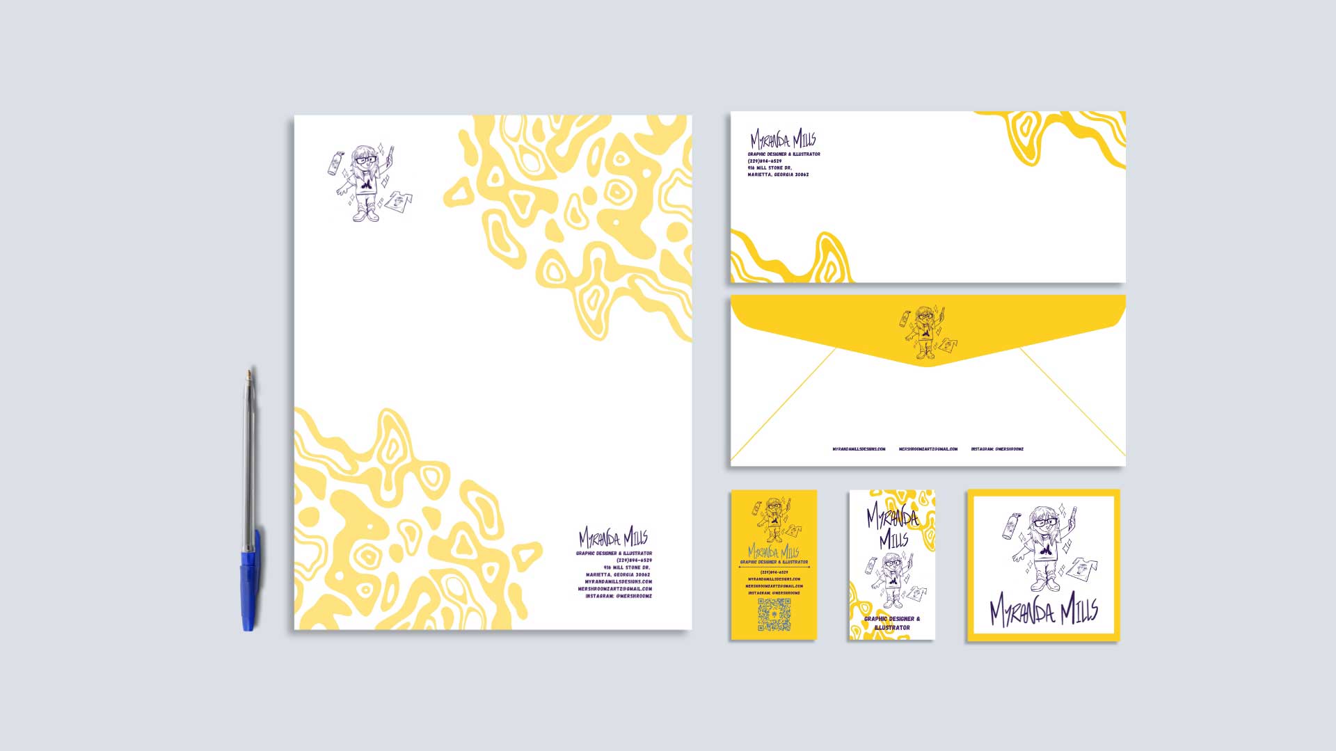 Self-Marketing Stationary /  Stationary for Myranda Mills‚Äô brand 8.5 x 11, 4.125 x 9.5, 3.5 x 2, printed letterhead, envelope, and business card. Printed 2023. This stationery is to showcase myself through communication and advertisement through prospective