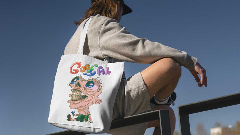 Goofy Ah Tote Bag / Tote bag graphic 12 x 14 inches. The Goofy Ah tote bag displays a fun and goofy illustration with a fun bubbly handwritten typeface.
