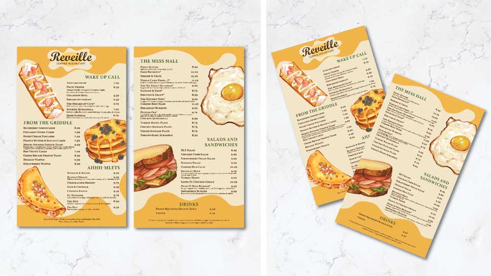 Reveille Menu / Restaurant menu design, 8.5 x 14 inches print menu, 2023. Menu redesign for Reveille Coffee House Caf√© that includes hand-drawn illustrations showcasing their delicious foods.