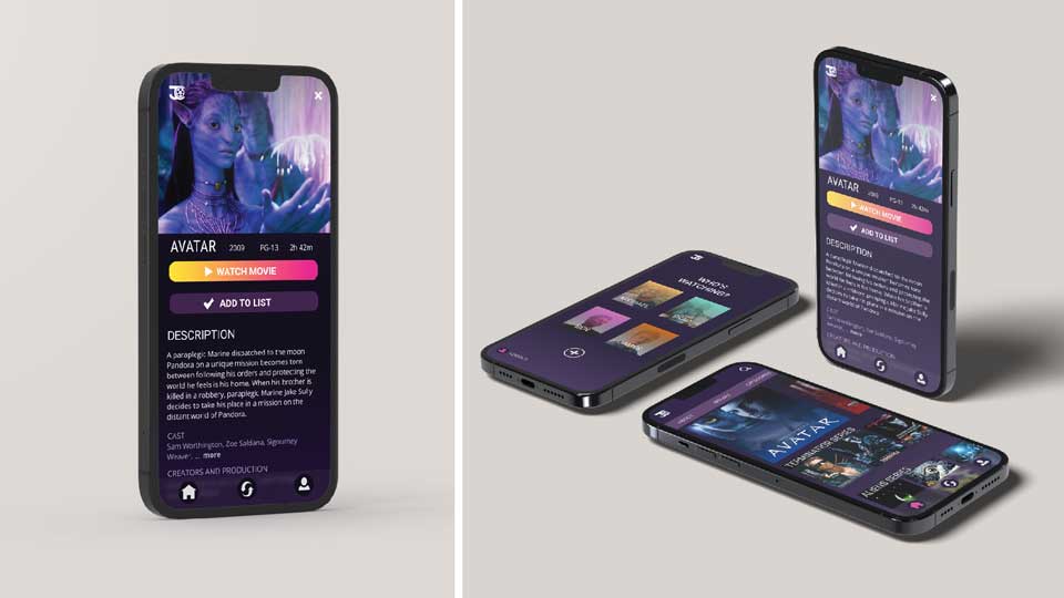 James Cameron Movie App / App design, digital device, 2022. Movie app designed to showcase the filmography of popular director, James Cameron.