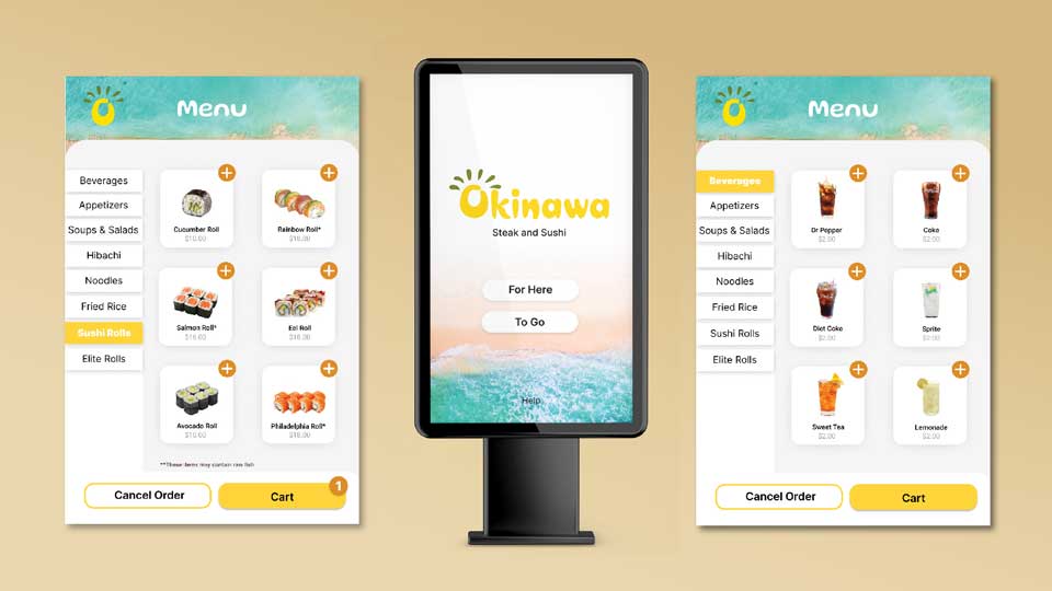 Okinawa Kiosk Design / Digital menu and app design, digital, 2022. Digital menu design for Okinawa Steak and Sushi to make it easier to order meals.