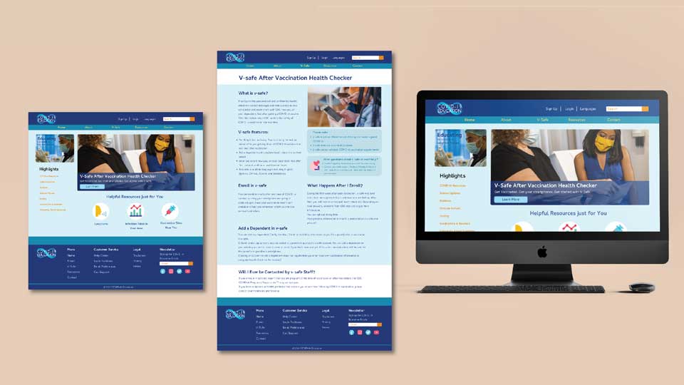 COVID-19 Education / Branding, homepage, and subpage design, web, 2022. Website designed to educate the public about COVID-19 and to advertise V-Safe.