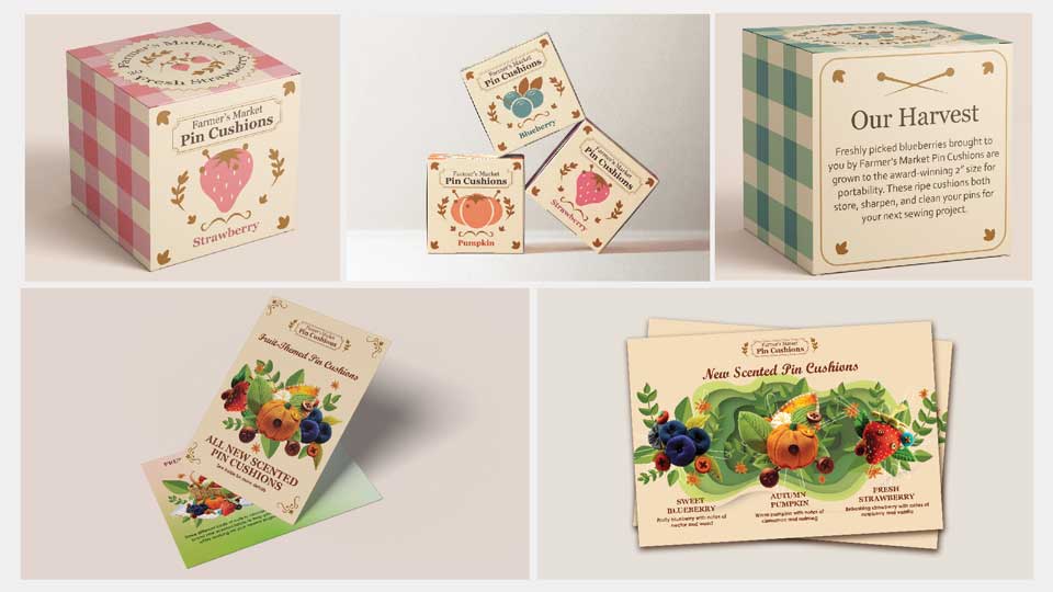Farmer's Market Pin Cushions / Packaging design and postcard advertisement, 2 x 2 x 2 inches print box, 7 x 10 inches print postcard, 2023. Packaging design for different shapes of pin cushions designed to look like fruit preserves, includes postcard adv