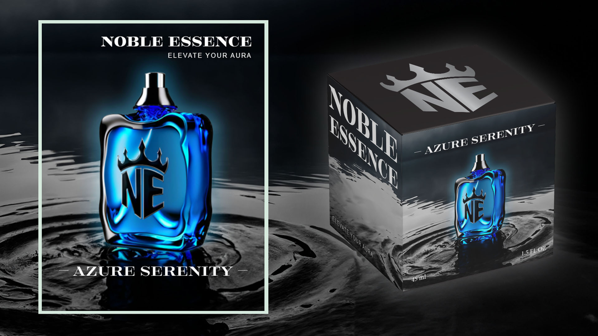 Noble Essence Ad and packaging / "Noble Essence Ad and packaging," magazine ad, 12 x 9 inches print ad (Left), product packaging (Right), 3 x 3 x 3 inches Box , 2023. Branding for a cologne brand.
