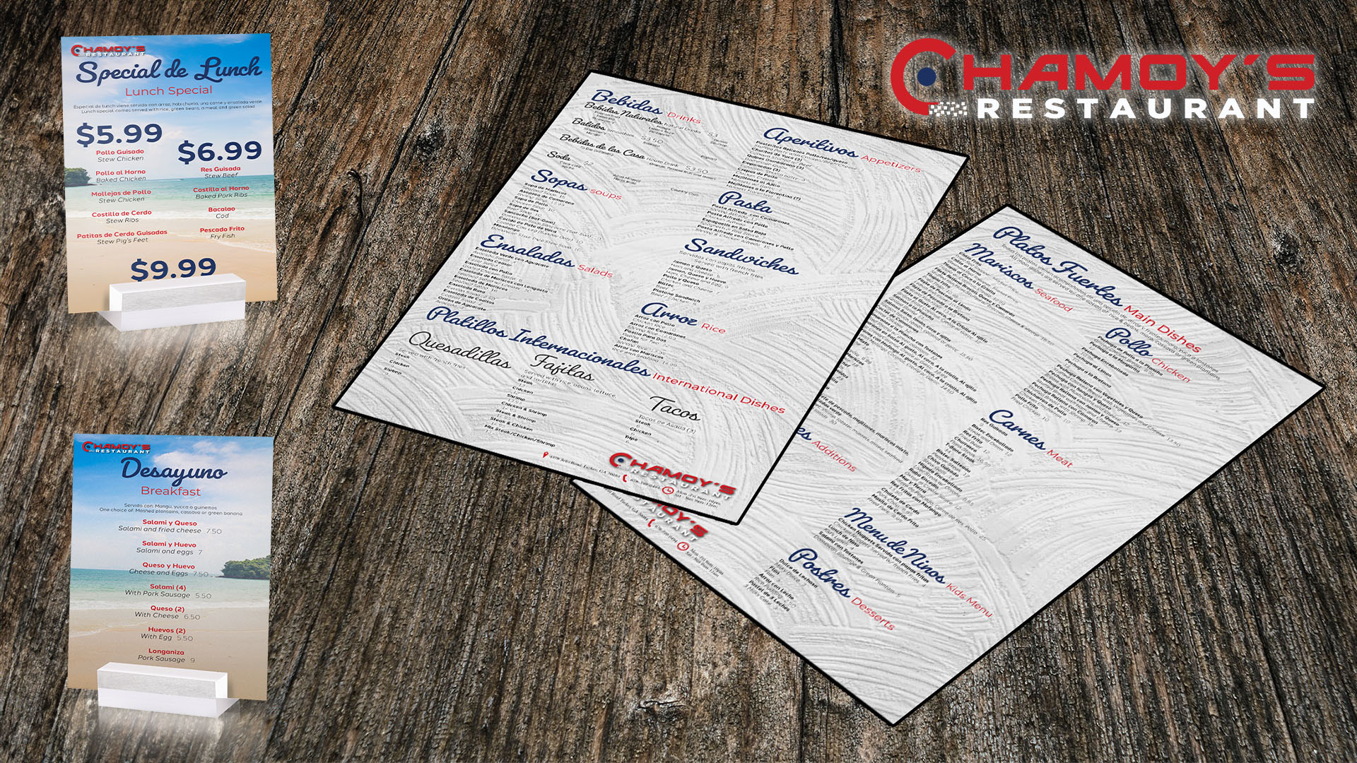 Chamoy / "Chamoy‚" Restaurant Menus," In store menus, 17 x 11 inches prints (Right two), Specials menu, 5.5 x 4.25 inches prints (Right two), 2022. Menus for Cuban restaurant in Tucker, GA.