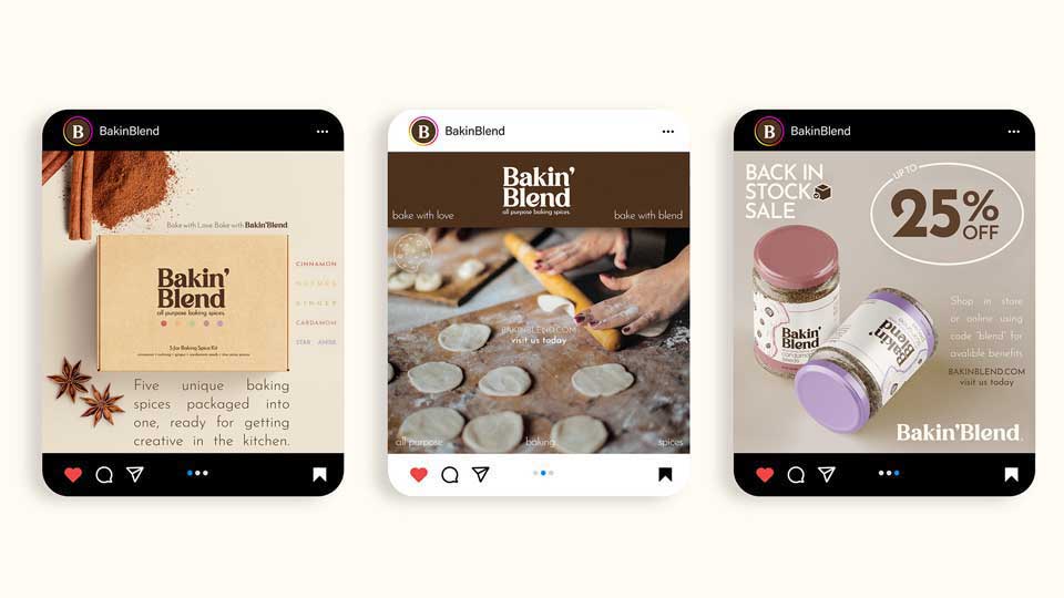 Bakin Blend Media Ad / Baking spices Instagram post 3.6 x 3.6 inches 2023. Three media post for branded group project Bakin Blend.