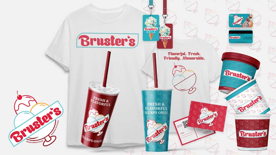 Bruster's Rebrand / Logo Redesign and six rebranded Collateral Designs, 2023. Modern rebrand of popular ice cream franchise, logo design, packaging and collateral.