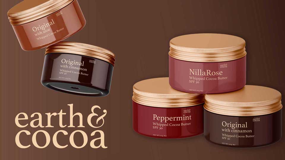 Earth & Cocoa Products / Logo and Package Design, 2.5 x 8 inch labels, 2022. A natural skincare brand that specializes in cocoa butter body products. Four natural aromatic scents and ingredients for different skin types. Product packaging and brand reveal.
