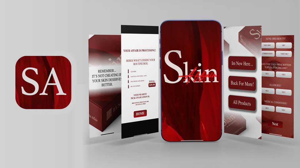 Skin Affair App Prototype / App prototype, IOS and Android optimization, 2023. A formatted app experience for all smart phones that allows users to order, browse, reorder SA skincare products and take a skin assessment.