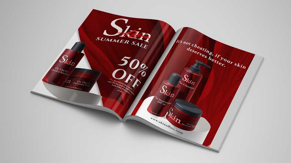 Skin Affair Magazine Spread / Two page Magazine Spread, 8.5 x 11 inch prints, 2023. Magazine spread that targets young adults looking to cheat‚on their current skincare routine, with a modern and custom experience just for them. 