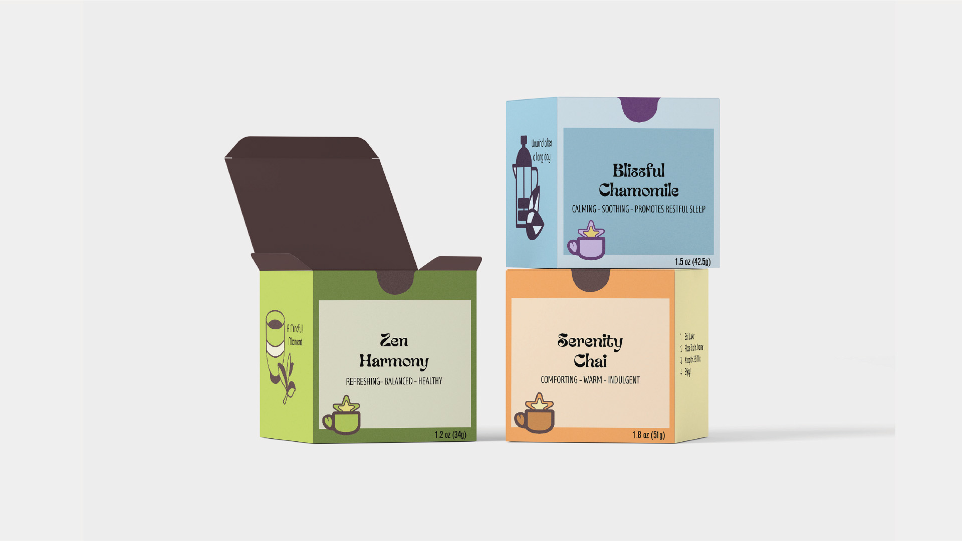 SereniTea / "SereniTea," package design for brand, 3 x 3 x 3 inch boxes, 2023. Molander created 3 cubed boxes to put the product of loose leaf tea‚ in for imaginary brand SereniTea. Branding, Logo, and Package Design were all part of this project. 