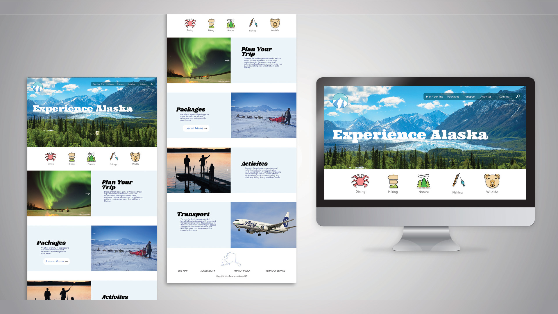 "Experience Alaska," website branding on Figma / "Experience Alaska," website branding on Figma, 1280 x 1920 pixles, 2023. A Travel Company created by Molander with multiple informative pages on travel, activities, and booking information. 