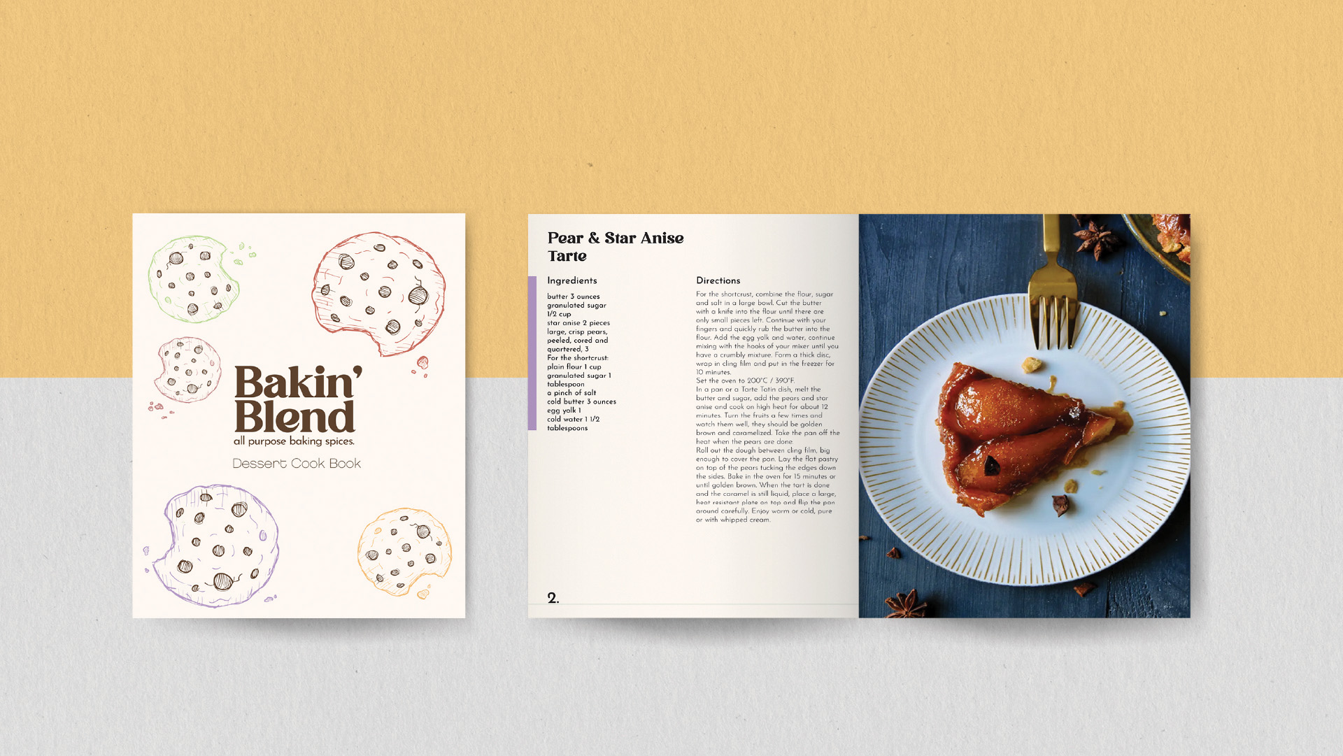 Bakin Blend Co. Cookbook / "Bakin Blend Co. Cookbook,"brand development and cookbook zine, 8.5 x 11 inches, 2023. The brand Bakin Blend Co. brand development was a group project with Olivia Bonniwell and E.J. Weathers. The Cookbook Zine created would be included with the purchase