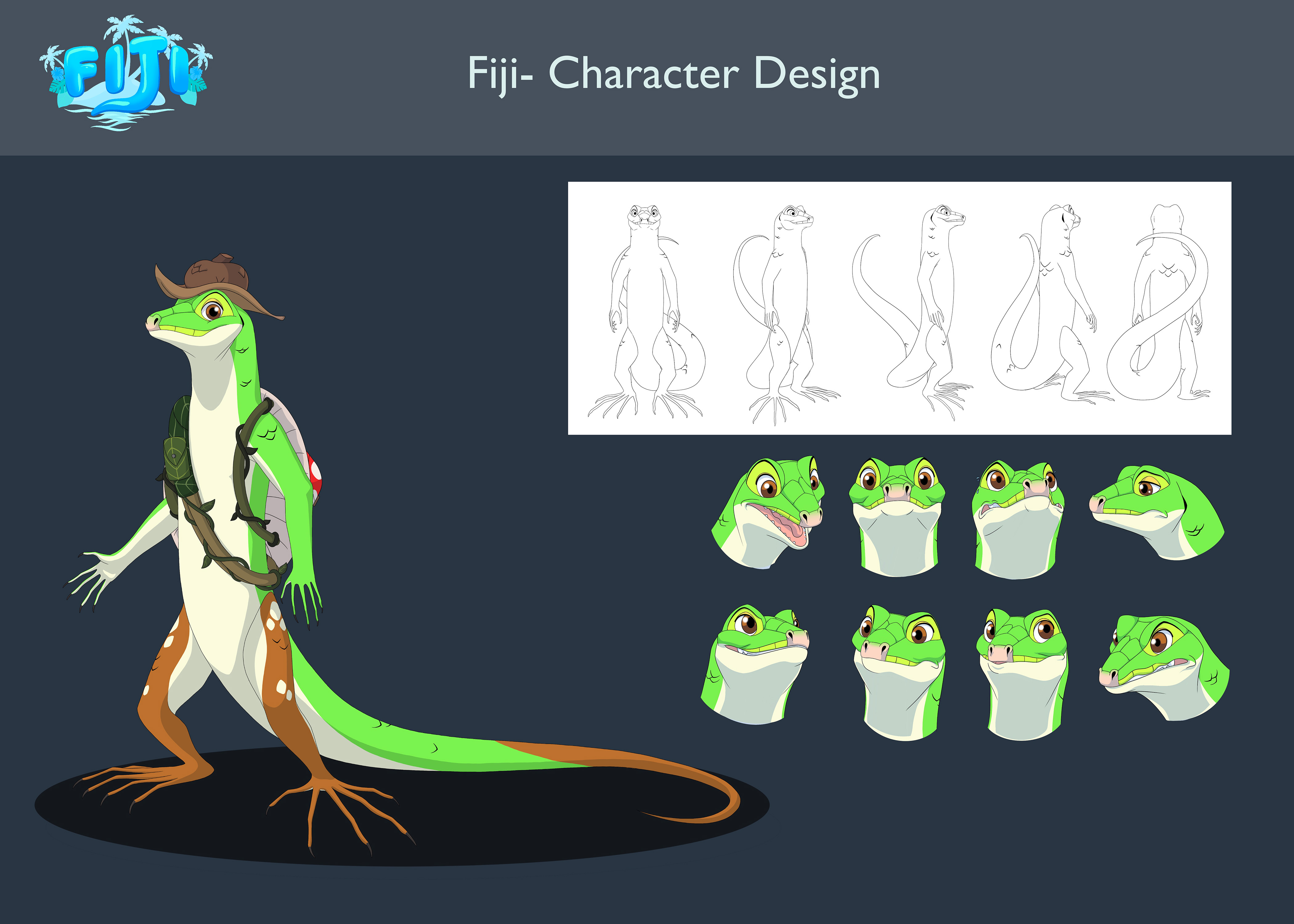  / Character design sheet of the main character in my story, “Fiji.”  He is an adventurous emerald tree skink. 