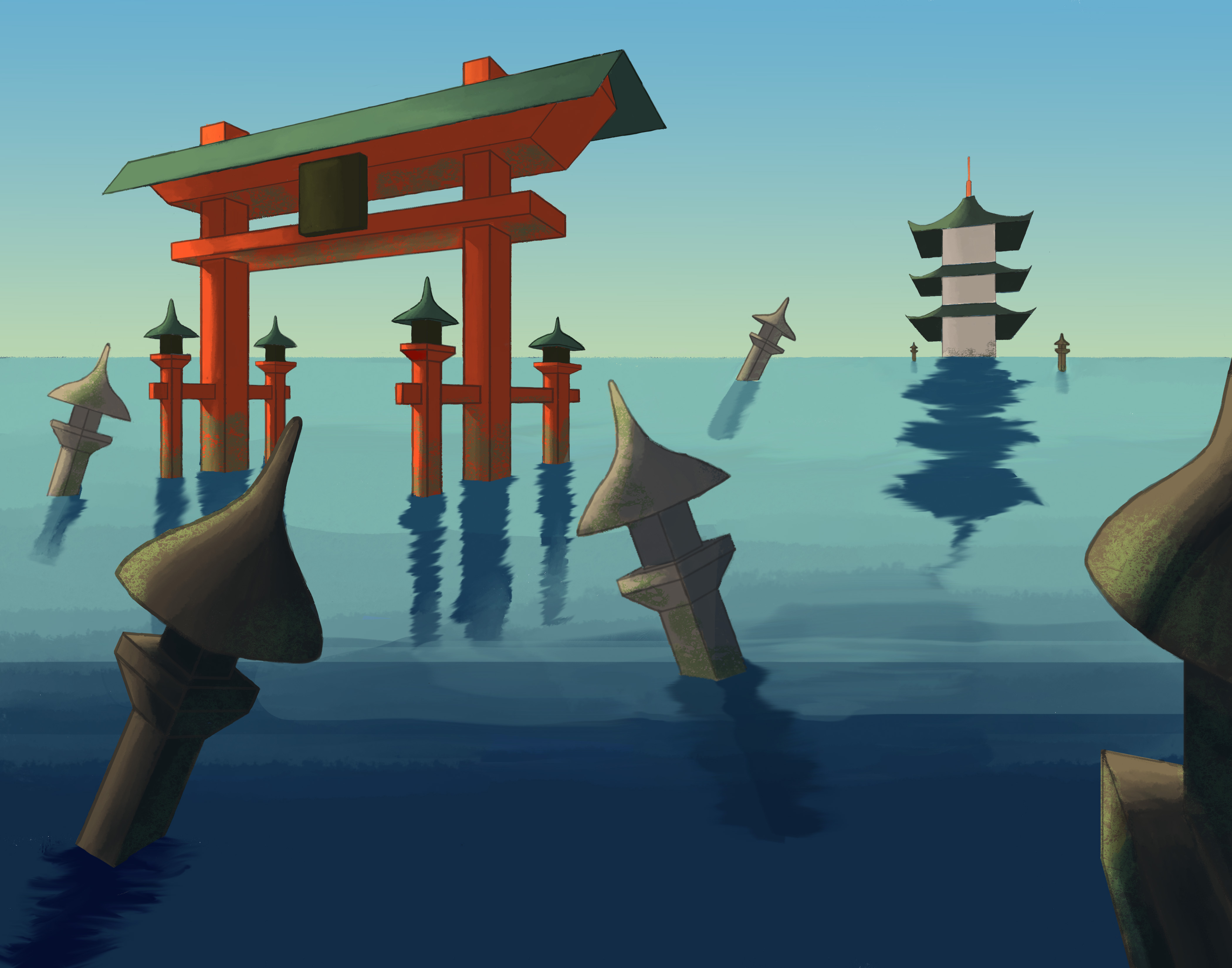  / An environmental background of a lake with a torii, stone lanterns, and a pagoda in the distance made in photoshop.