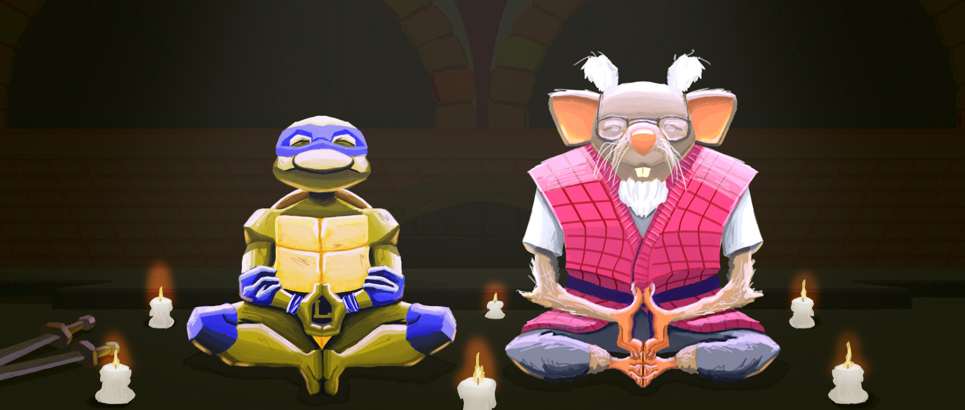  / An illustration of Leonardo and Splinter meditating in their hideout in the sewers in the style of Teenage Mutant Ninja Turtles Mutant Mayhem. It was made in photoshop.