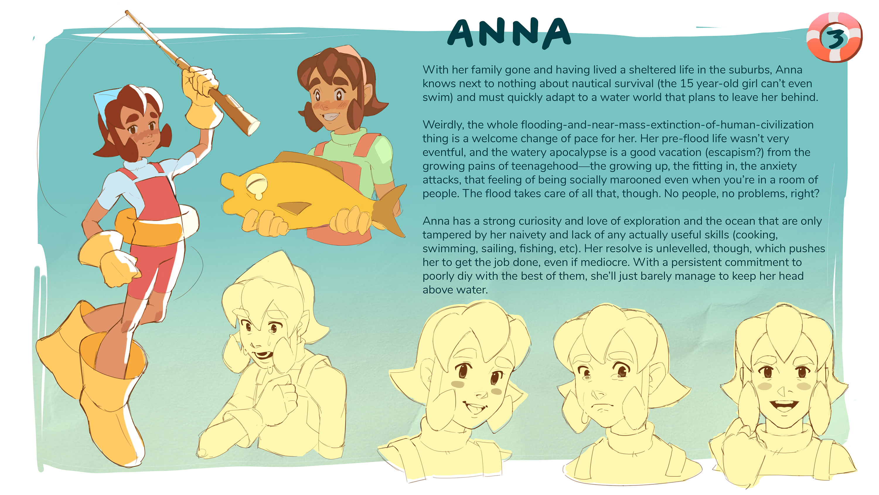  / Character Design of Anna, a 15-year-old fishergirl who must fend for herself in a flooded, post-apocalyptic world. Photoshop