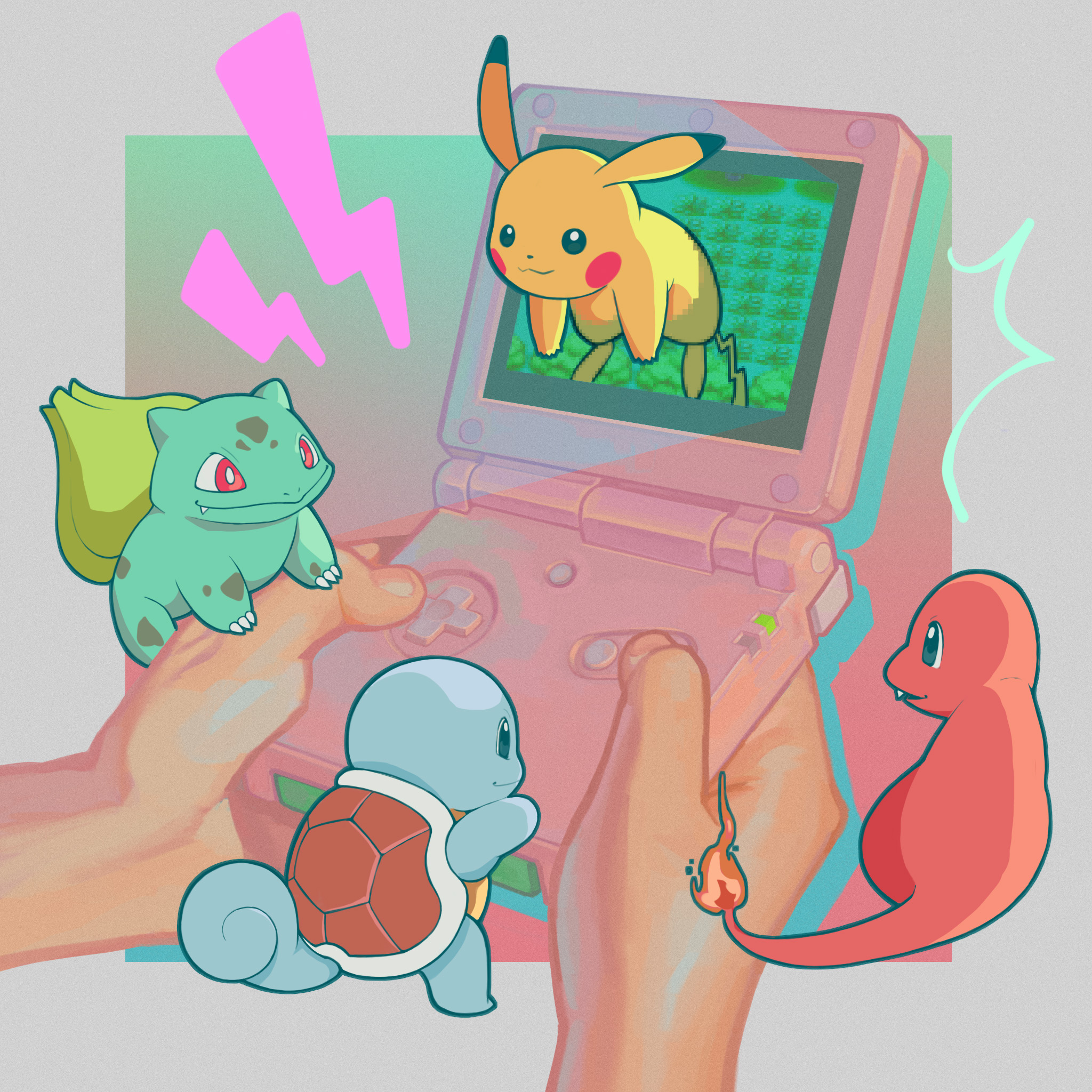  / Illustration of Bulbasaur, Squirtle, Charmander, and Pikachu interacting with a Game Boy Advance SP. Clip Studio Paint