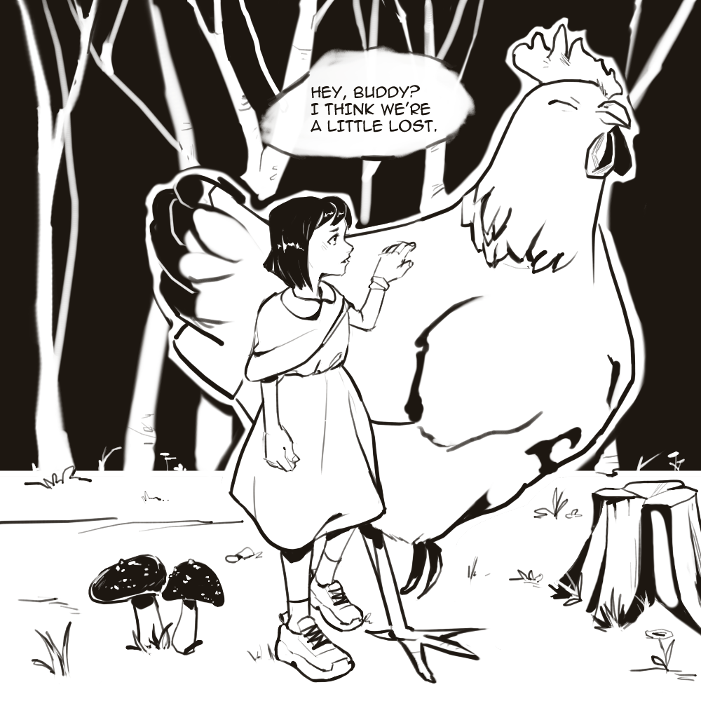  / Comic panel of a girl and her pet chicken, lost in the woods. Clip Studio Paint