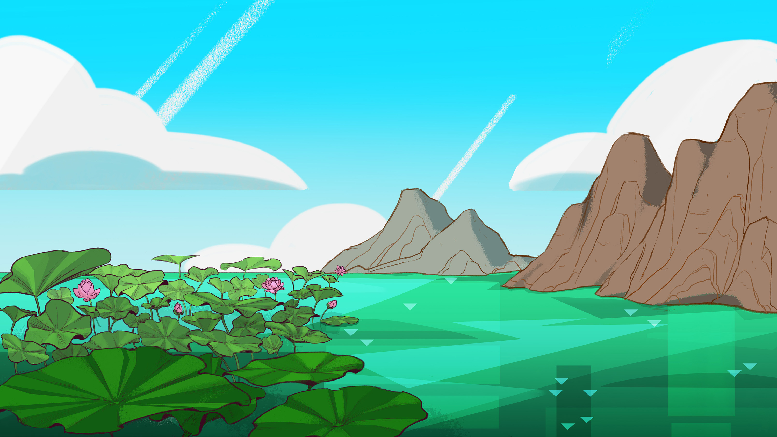  / Environmental background of a lotus pond, based on the style of Rebecca Sugar's Steven Universe. Photoshop