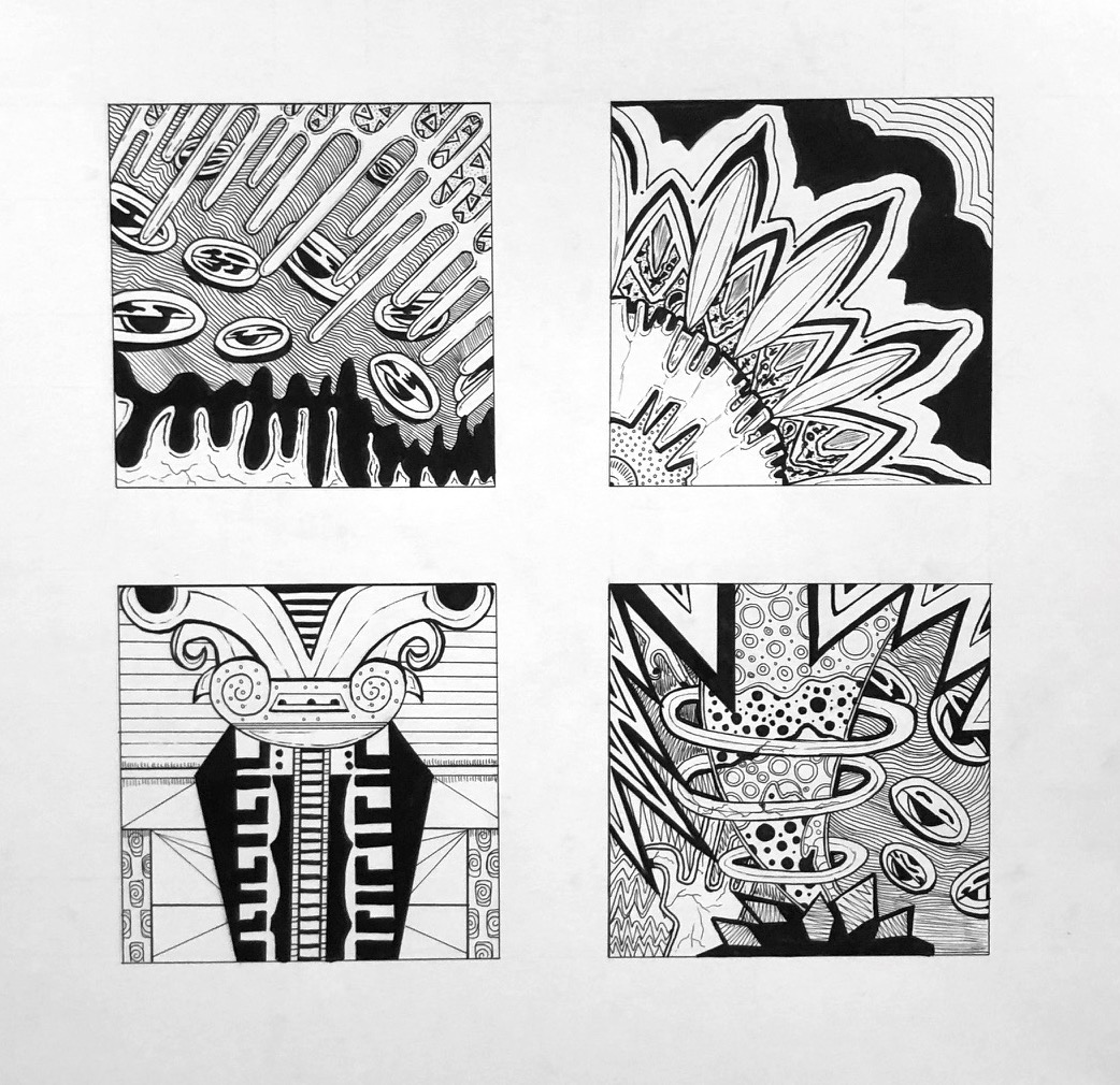 Jared Soto, Doodle Project / Jared Soto, Doodle Project, 14x17" on Bristol board, tech pen, 2023, creating different examples of balance from line doodle sketches
