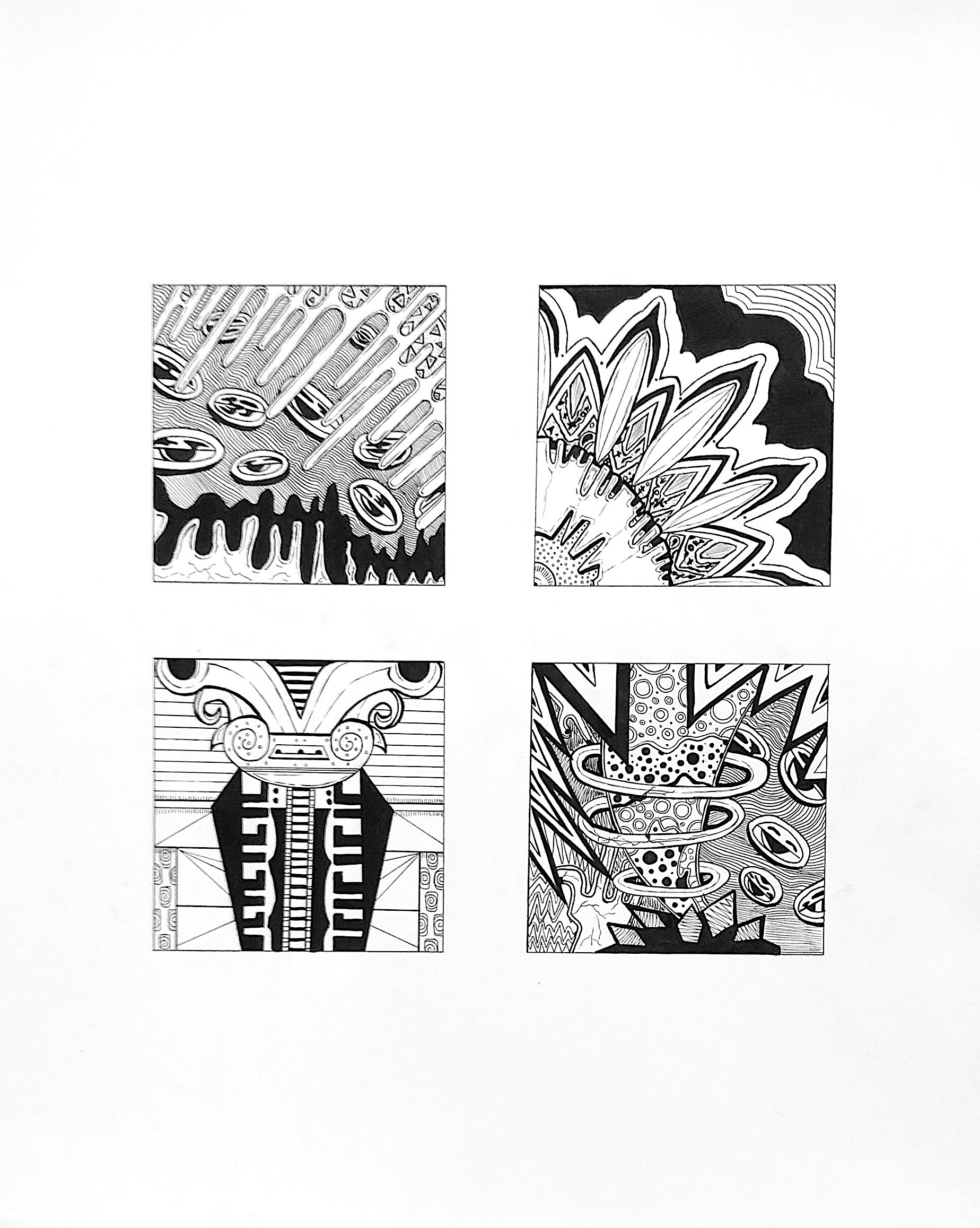 Jared Soto / Jared Soto "Doodle" 4x4" squares, tech pen on Bristol, the goal was to use line doodles to crop and edit to demonstrate types of balance (symmetry, asymmetry, radial, or crystallographic