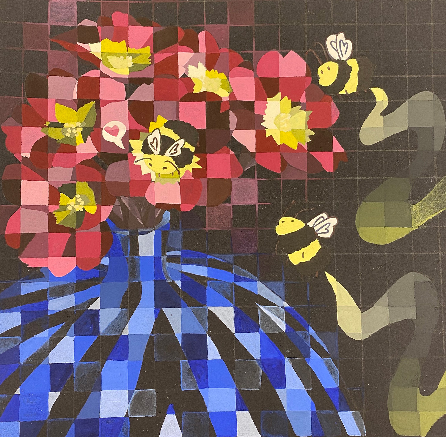 Emily Espinoza / Emily Espinoza, Triadic color scheme, 8x8 Inches, Acrylic on black paper,Fall 2023.