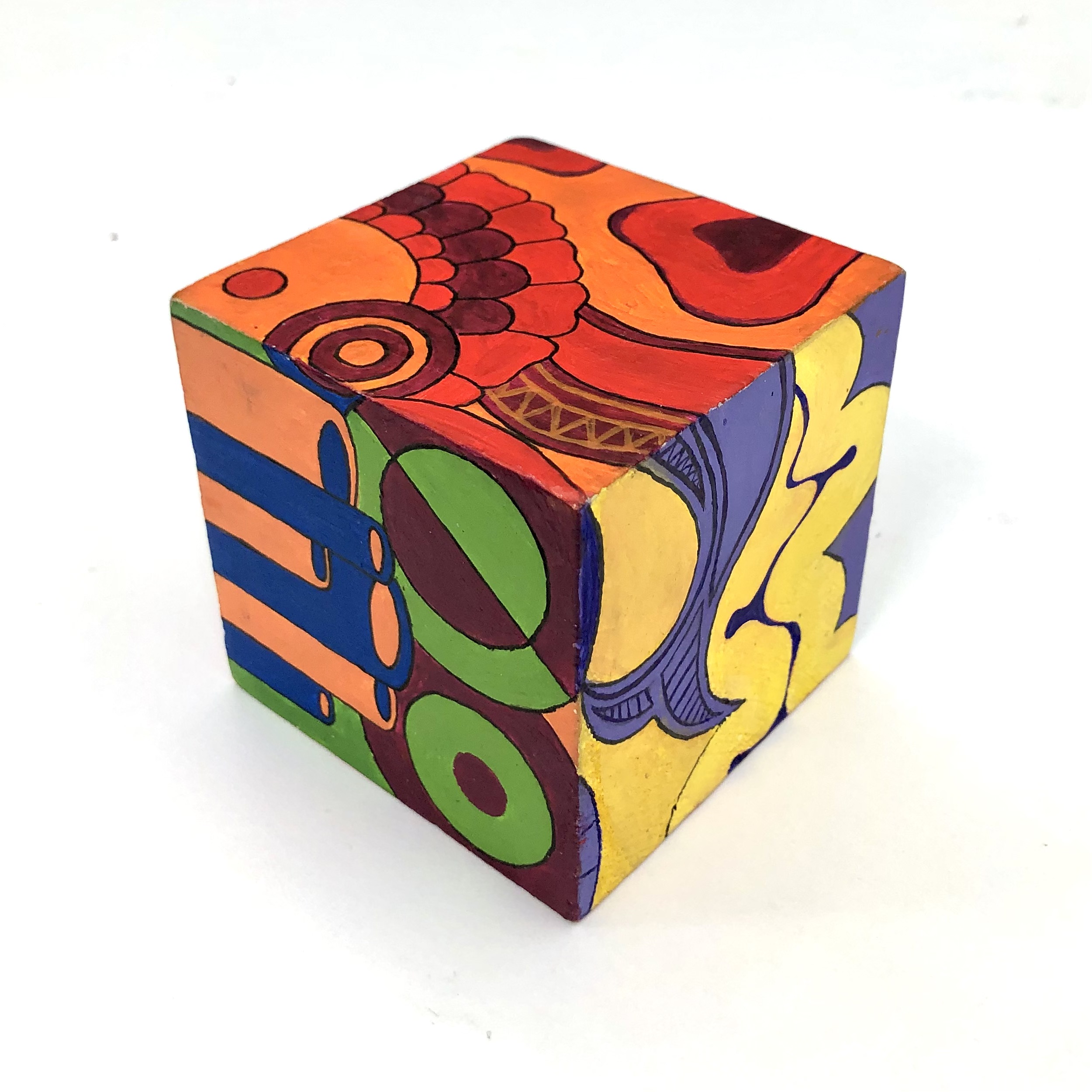 Amanda Wallace / Amanda Wallace, "Color Scheme Cube Design" acrylic paint and paint marker on 3" craft cube. The goal was to create a continuous, ongoing design while presenting a different one of the 6 color schemes studied in class.