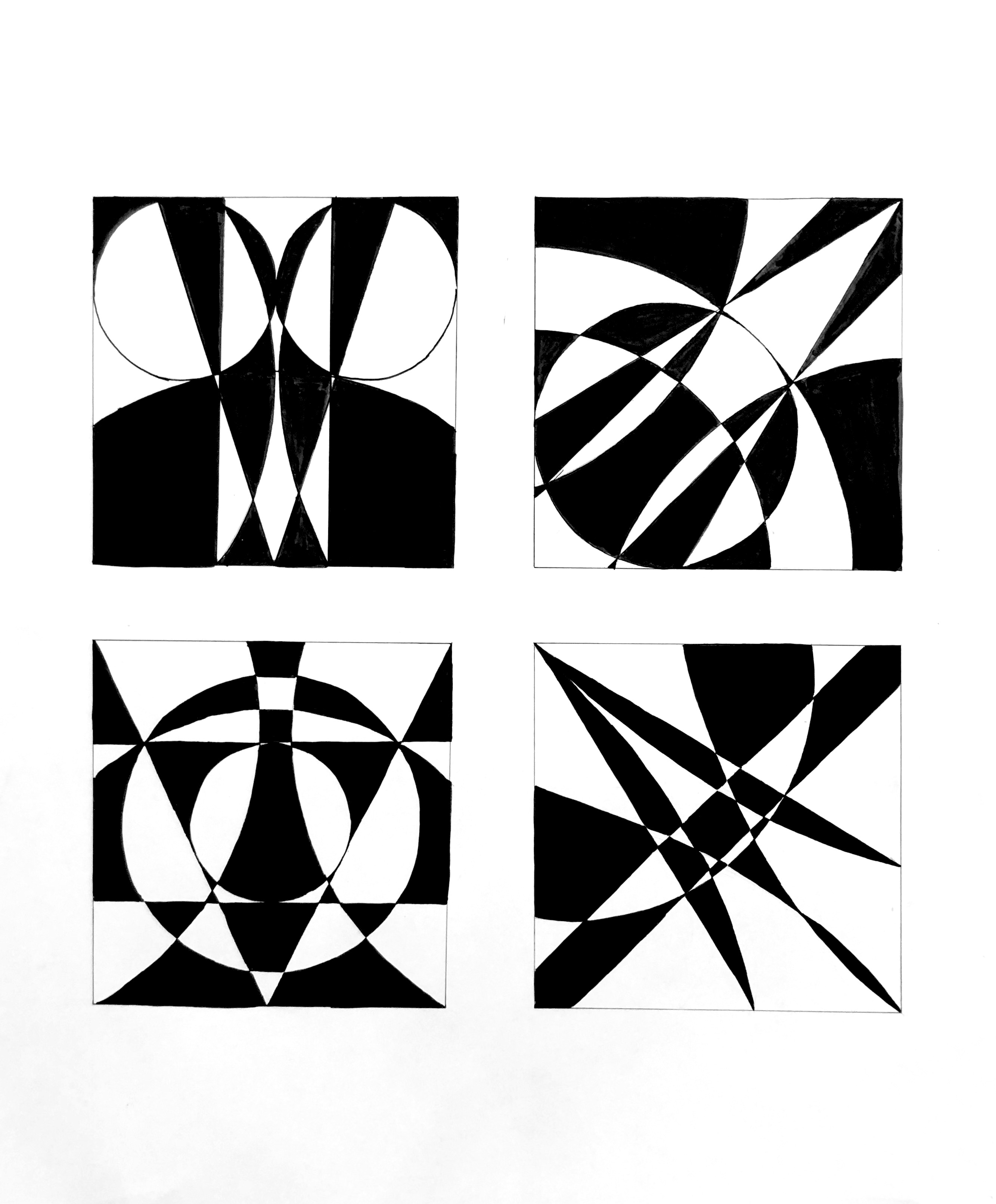 Jacob Bass / Jacob Bass "Four Arrangements" 5x5" squares, tech pen on Bristol, fall 2023, the goal was to create 4 unified designs utilizing only 1 rectangle, 1 triangle, and 5 circles. Students were to arrange the shapes while demonstrating unifying principles.