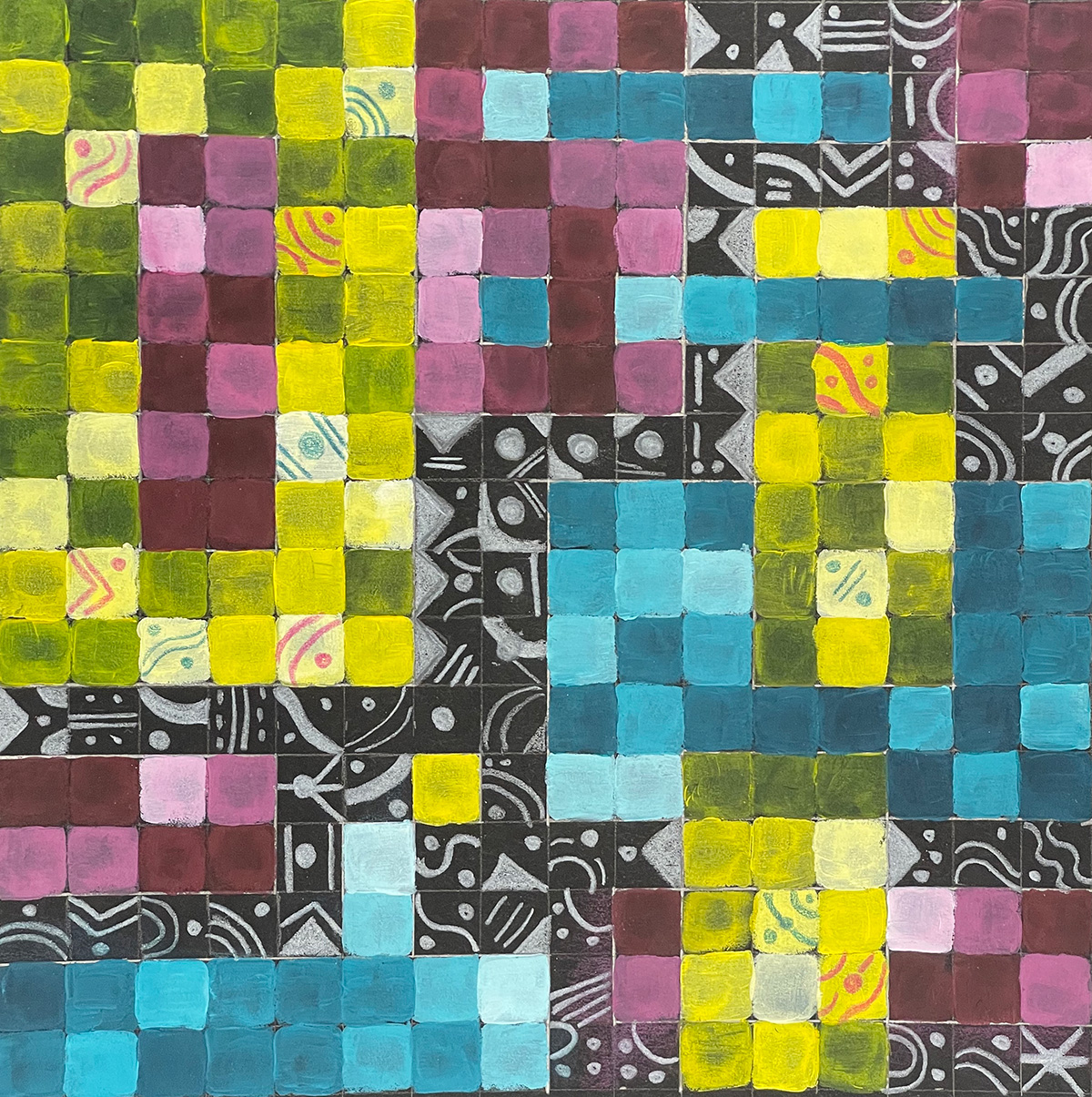 Ramanda Miller / Ramanda Miller,Triadic color scheme, 8x8, Inches Acrylic and colored pencils on black paper,Fall 2023.