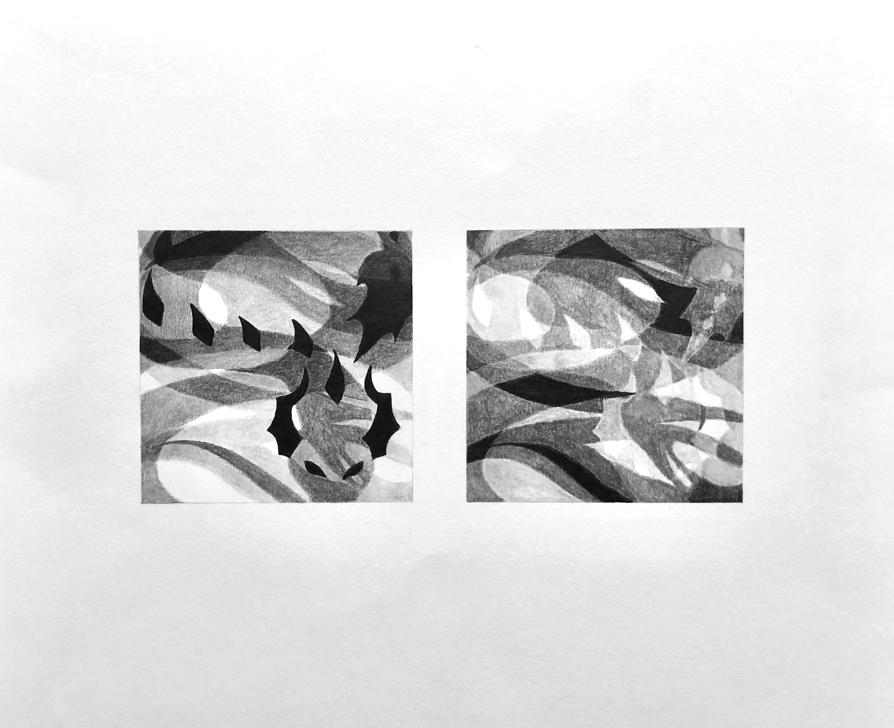 Jane Mera / Jane Mera, "Visual Hierarchy" 5x5" squares, graphite on Bristol, the goal was to use value (light & dark) to shift emphasis and hierarchy within identical designs.