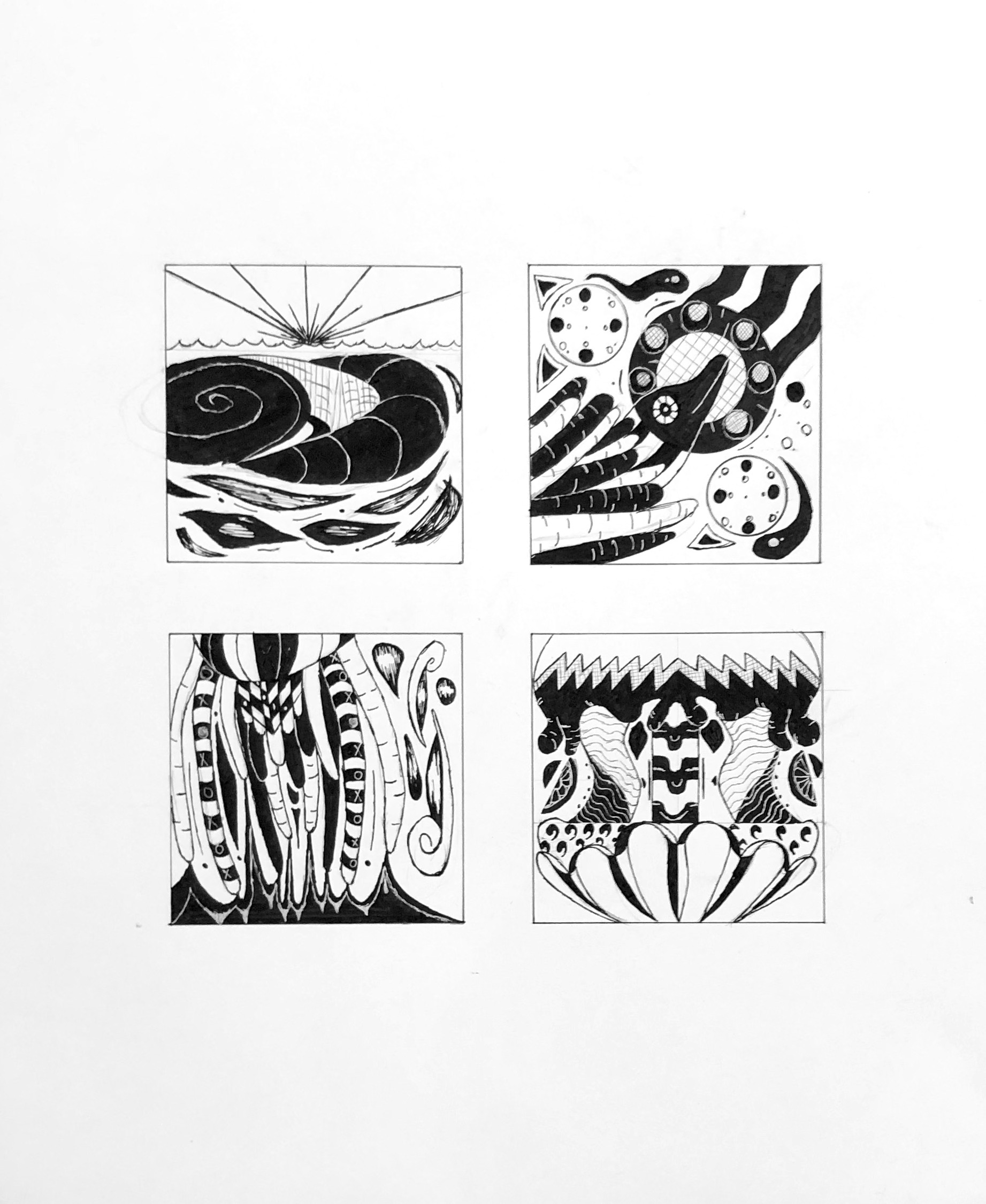 Charles Madu / Charles Madu "Doodle" 4x4" squares, tech pen on Bristol, the goal was to use line doodles to crop and edit to demonstrate types of balance (symmetry, asymmetry, radial, or crystallographic