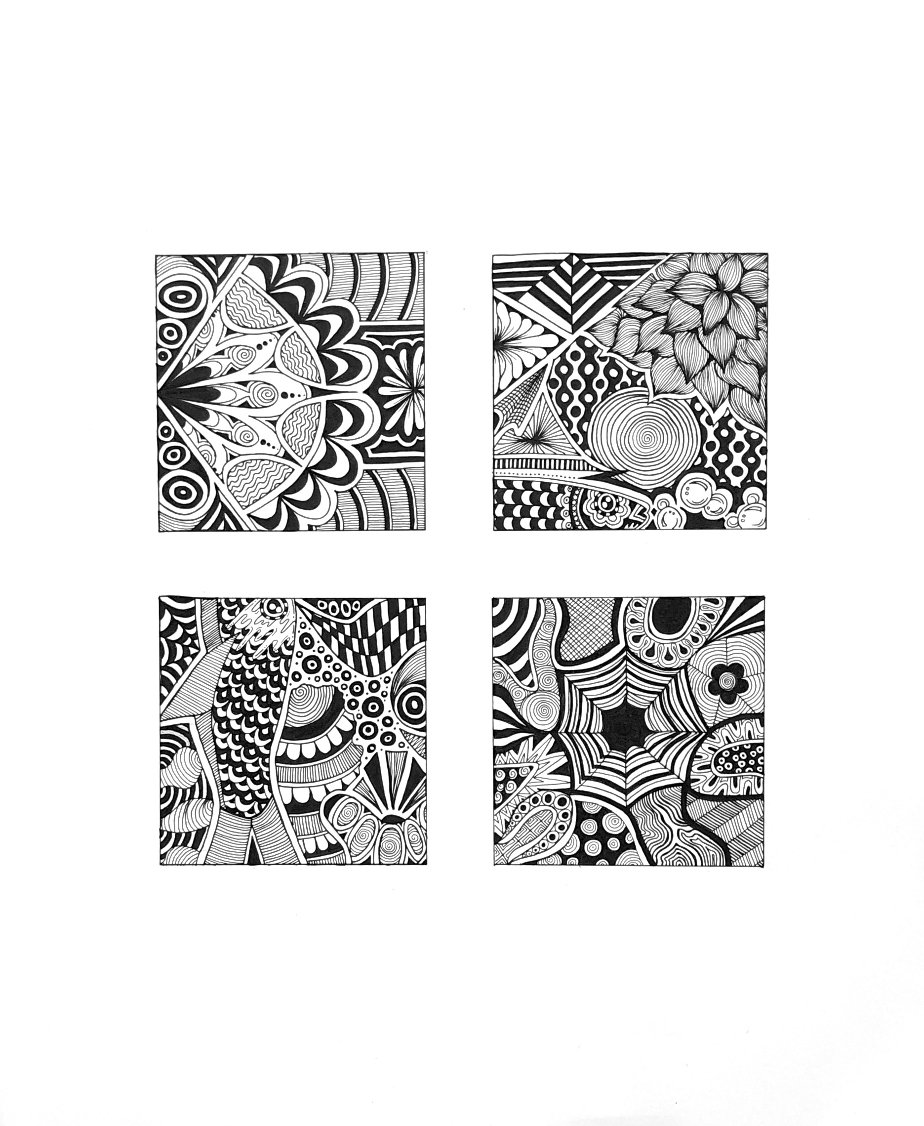 Sydney Bragg / Sydney Bragg "Doodle" 4x4" squares, tech pen on Bristol, the goal was to use line doodles to crop and edit to demonstrate types of balance (symmetry, asymmetry, radial, or crystallographic)