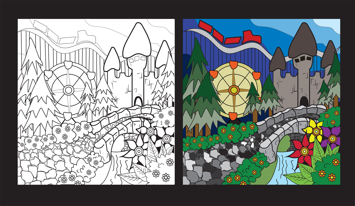 Brianna Corrao / Brianna Corrao, Amusement Park Entrance Visual shows the skill of creating of detailed lines and shapes in preparation for adding color to complete the final illustration. Adobe Illustrator, 12"x12" 2022