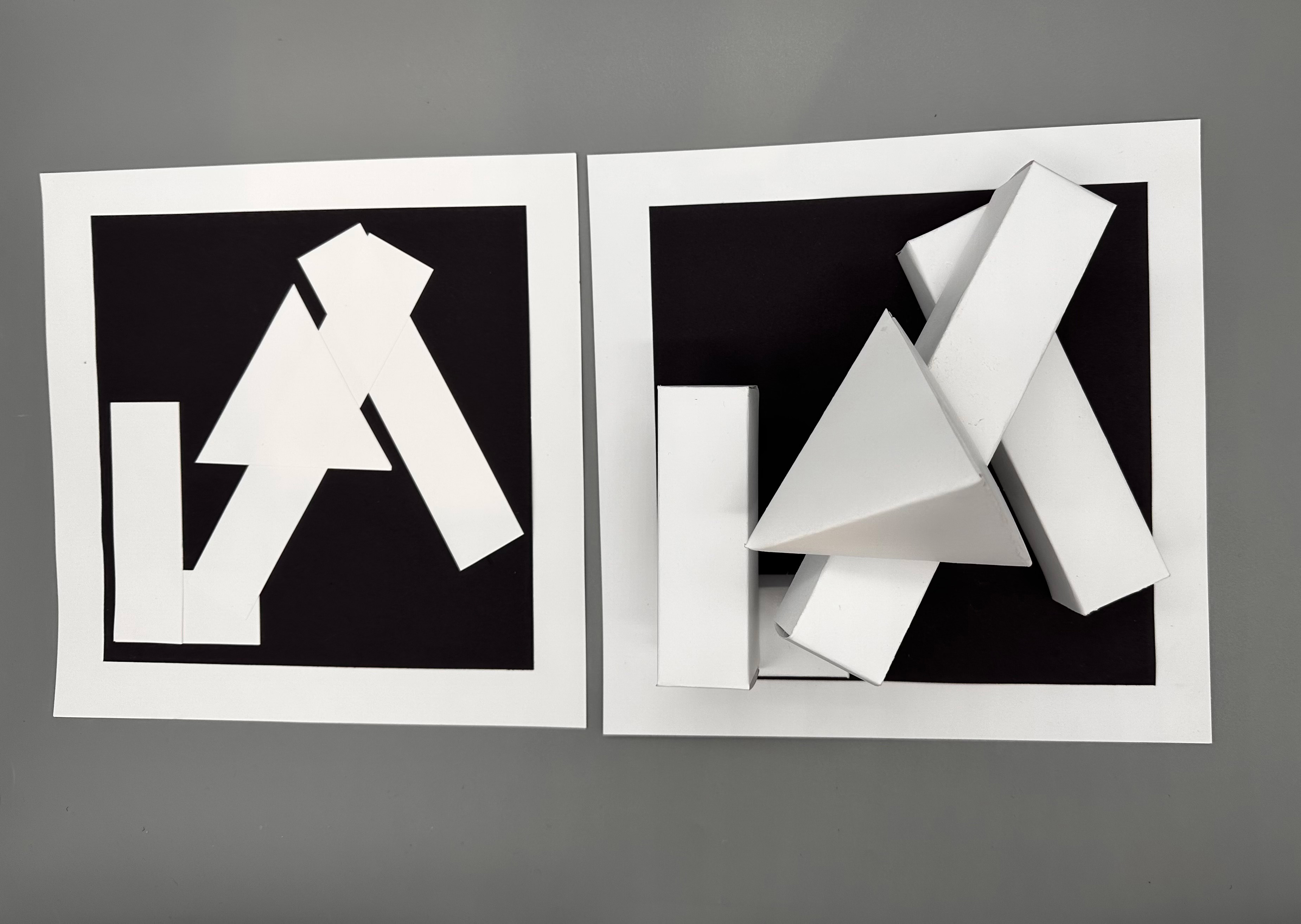 Kelly Torres / Kelly Torres- Shape Design with Form and Contrast. 2-D interpreted as 3-D in photo. Completed 2023. Cardstock 6"x11"x11"